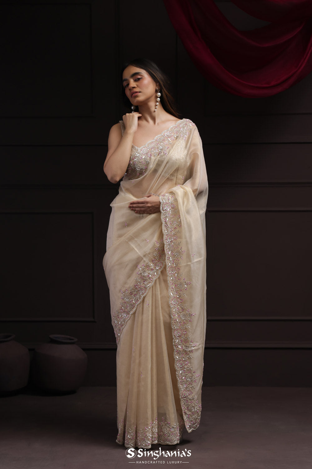Floral White Tissue Designer Saree With Floral Embroidery