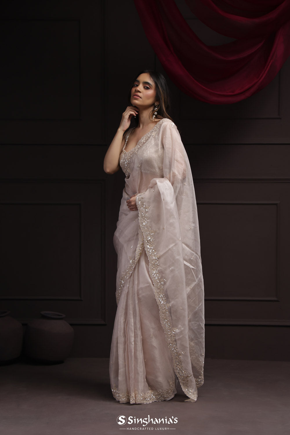 Off White Tissue Designer Saree With Floral Embroidery