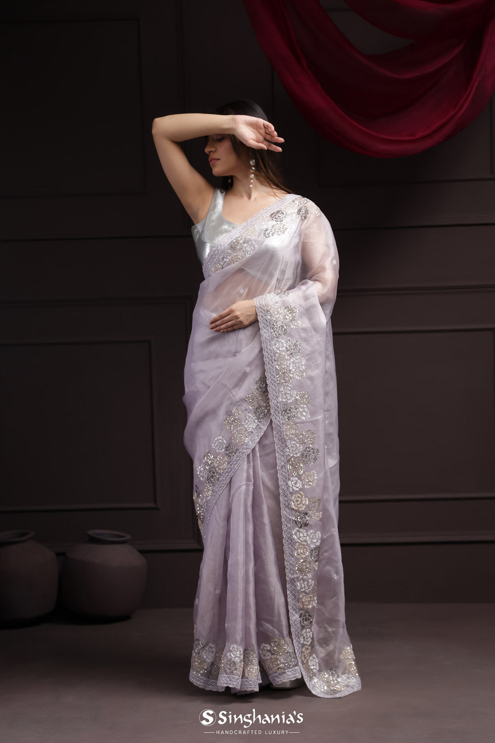 Languid Lavender Tissue Designer Saree With Floral Embroidery