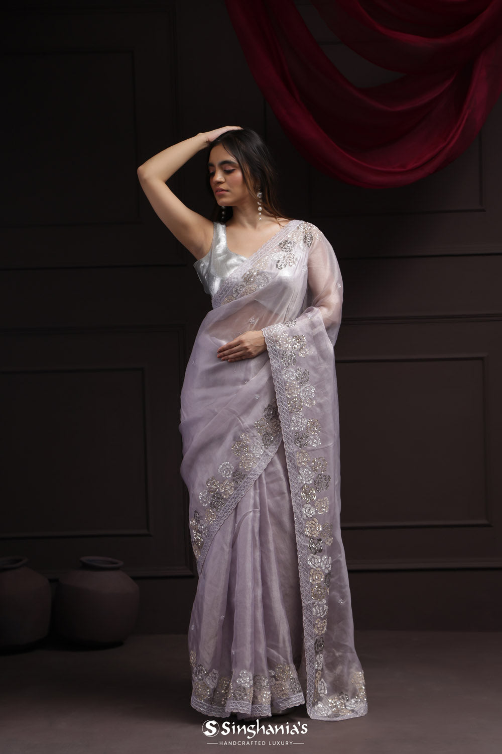 Languid Lavender Tissue Designer Saree With Floral Embroidery