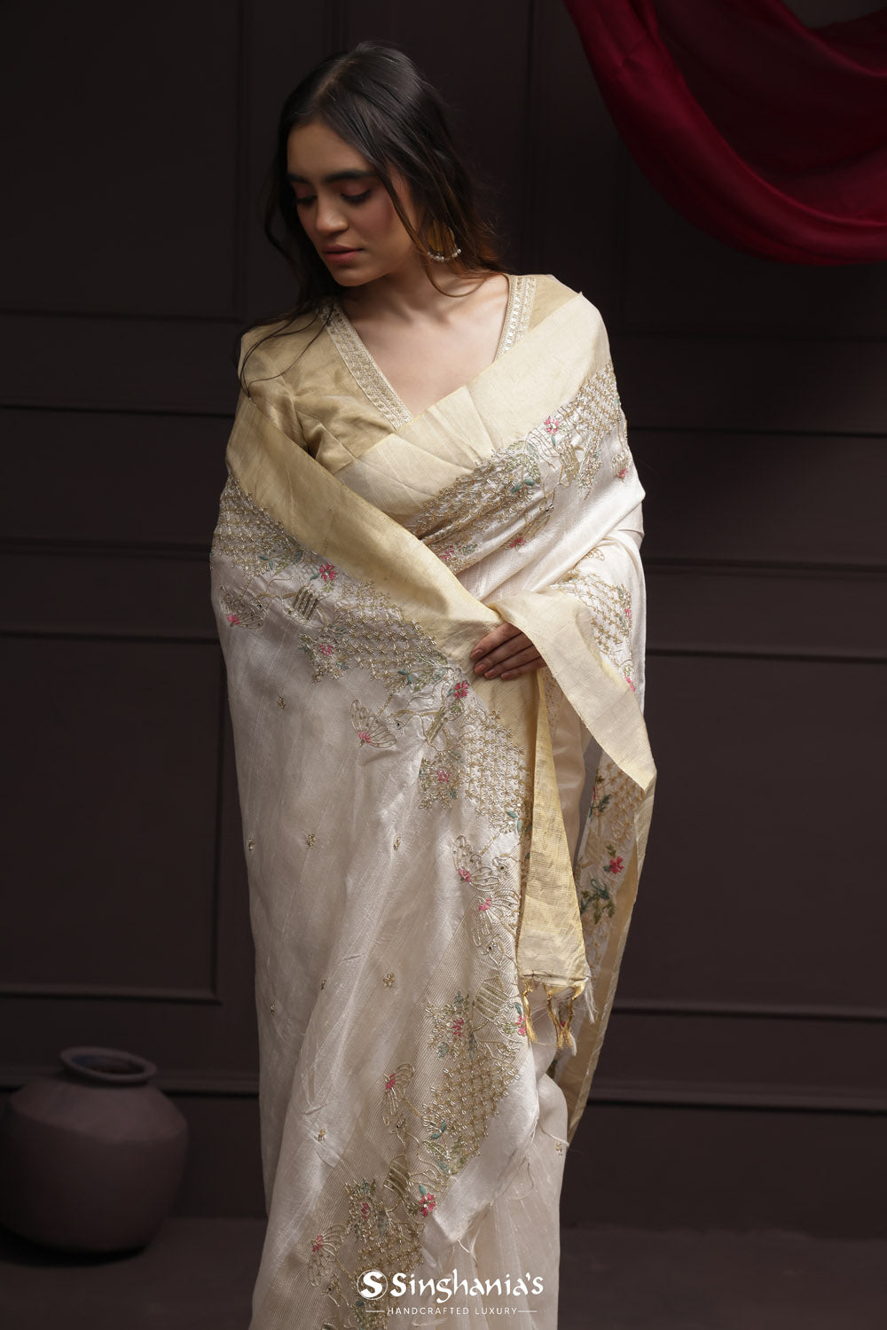 Natural White Tissue Designer Saree With Floral Embroidery