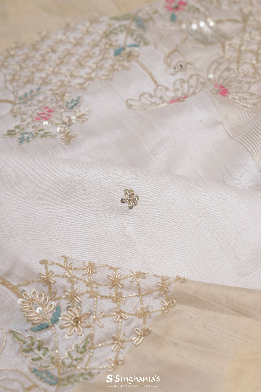 Natural White Tissue Designer Saree With Floral Embroidery