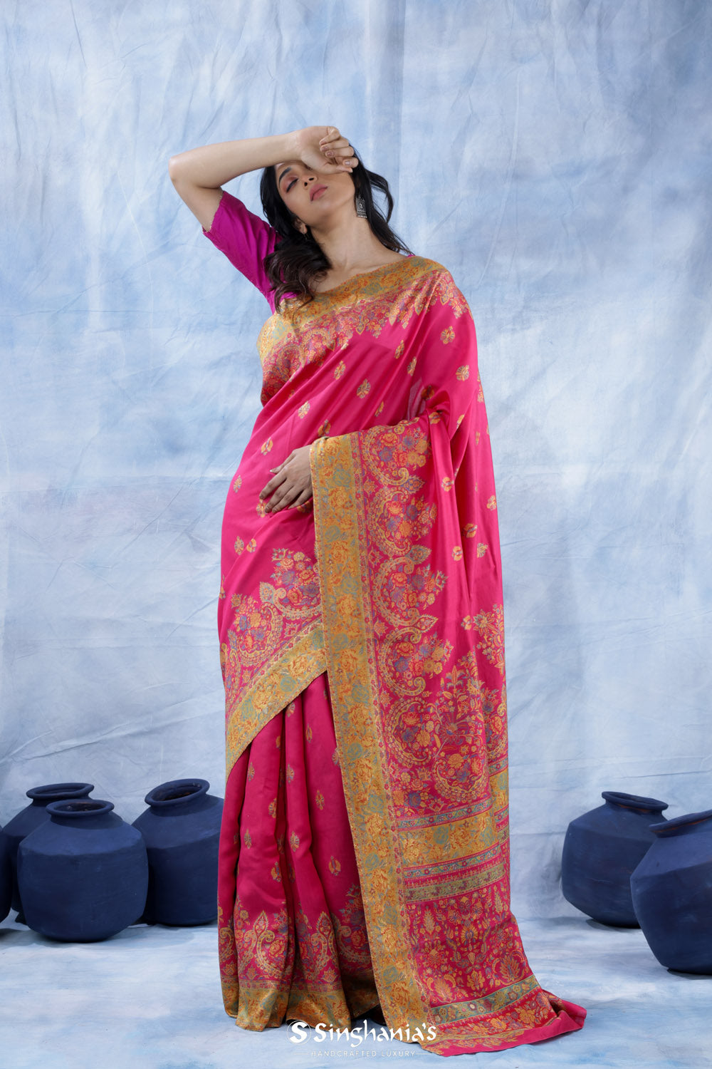Rubine Pink Kani Handloom Saree With Floral Motifs
