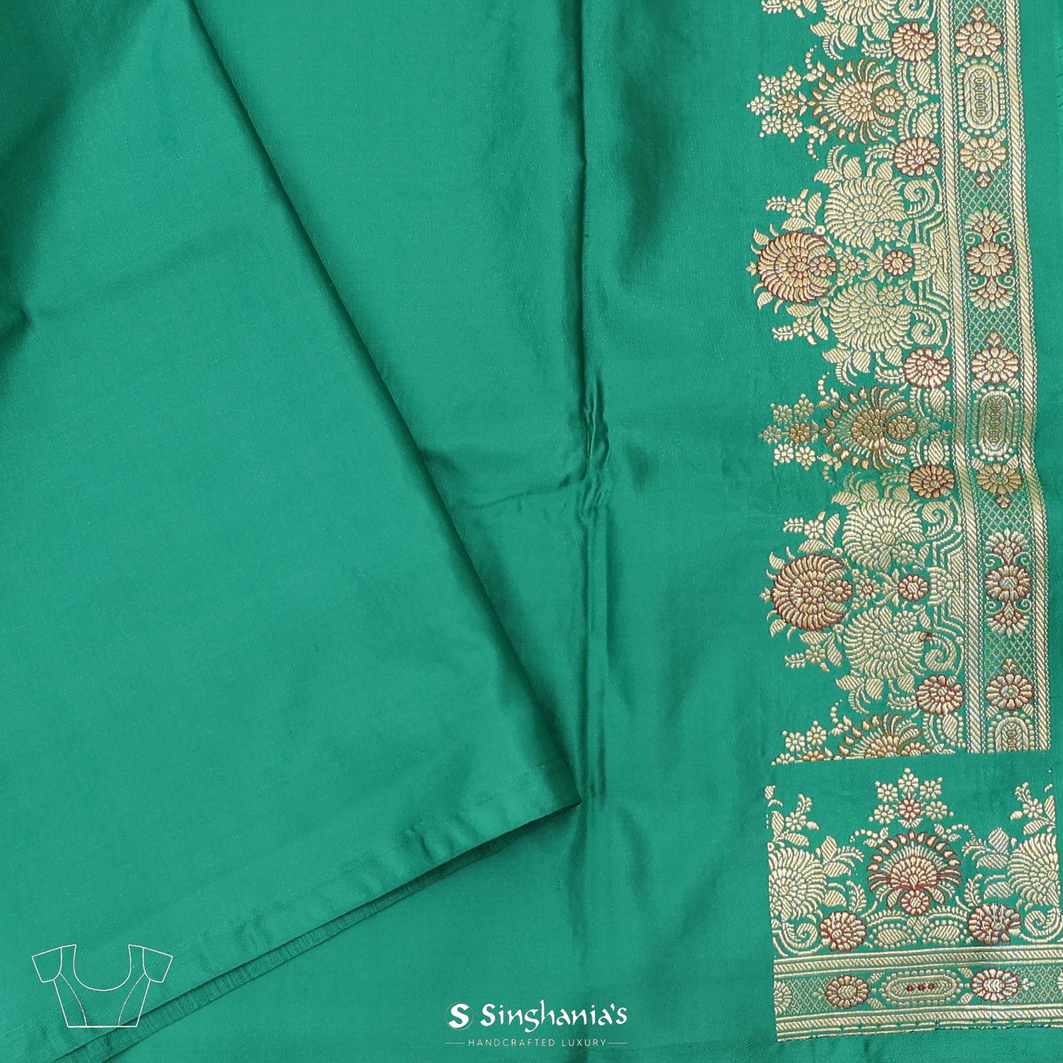 Persian Green Silk Saree With Floral Banarasi Weaving