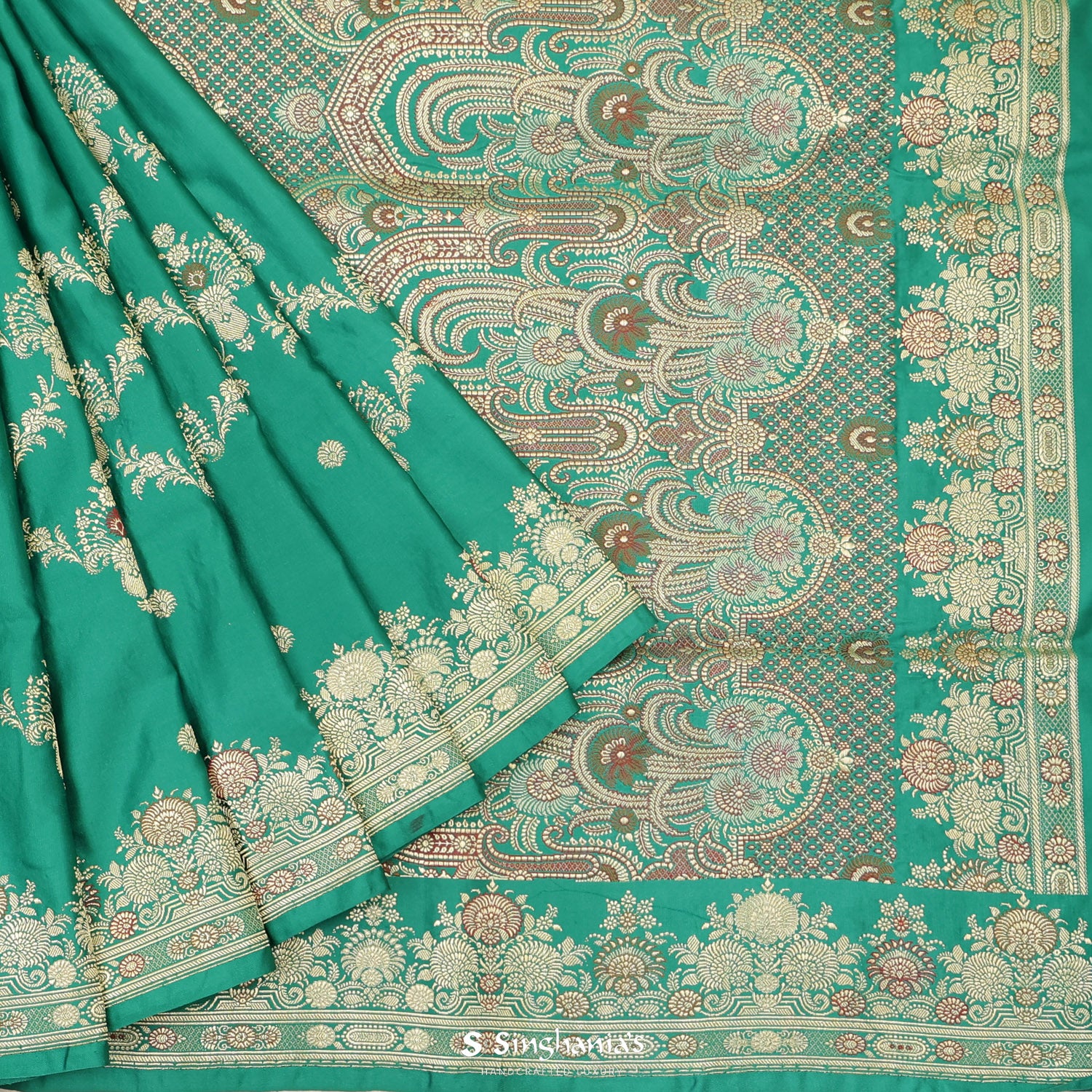 Persian Green Silk Saree With Floral Banarasi Weaving