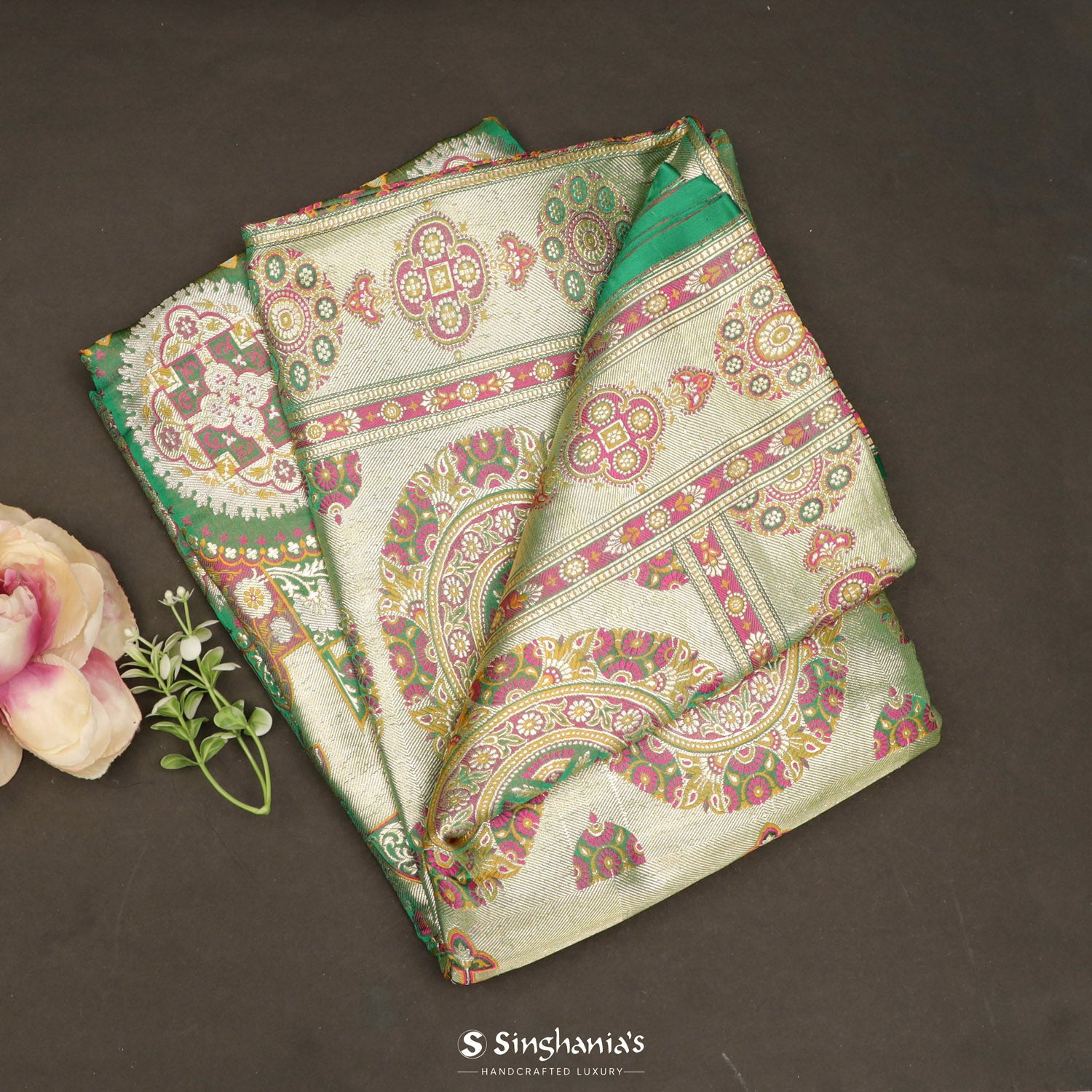 Emerald Green Silk Saree With Floral Banarasi Weaving