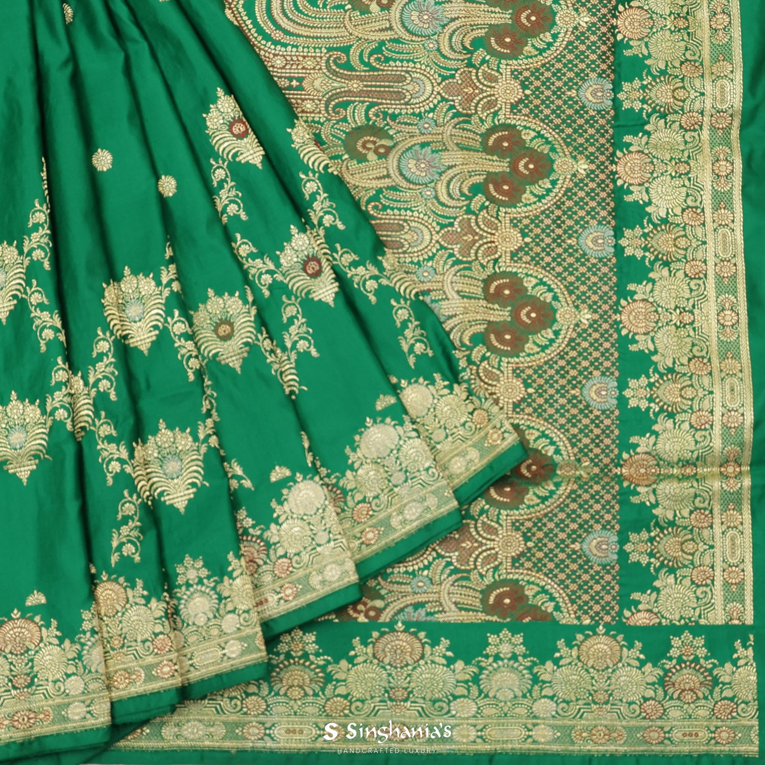 Jungle Green Silk Saree With Floral Banarasi Weaving