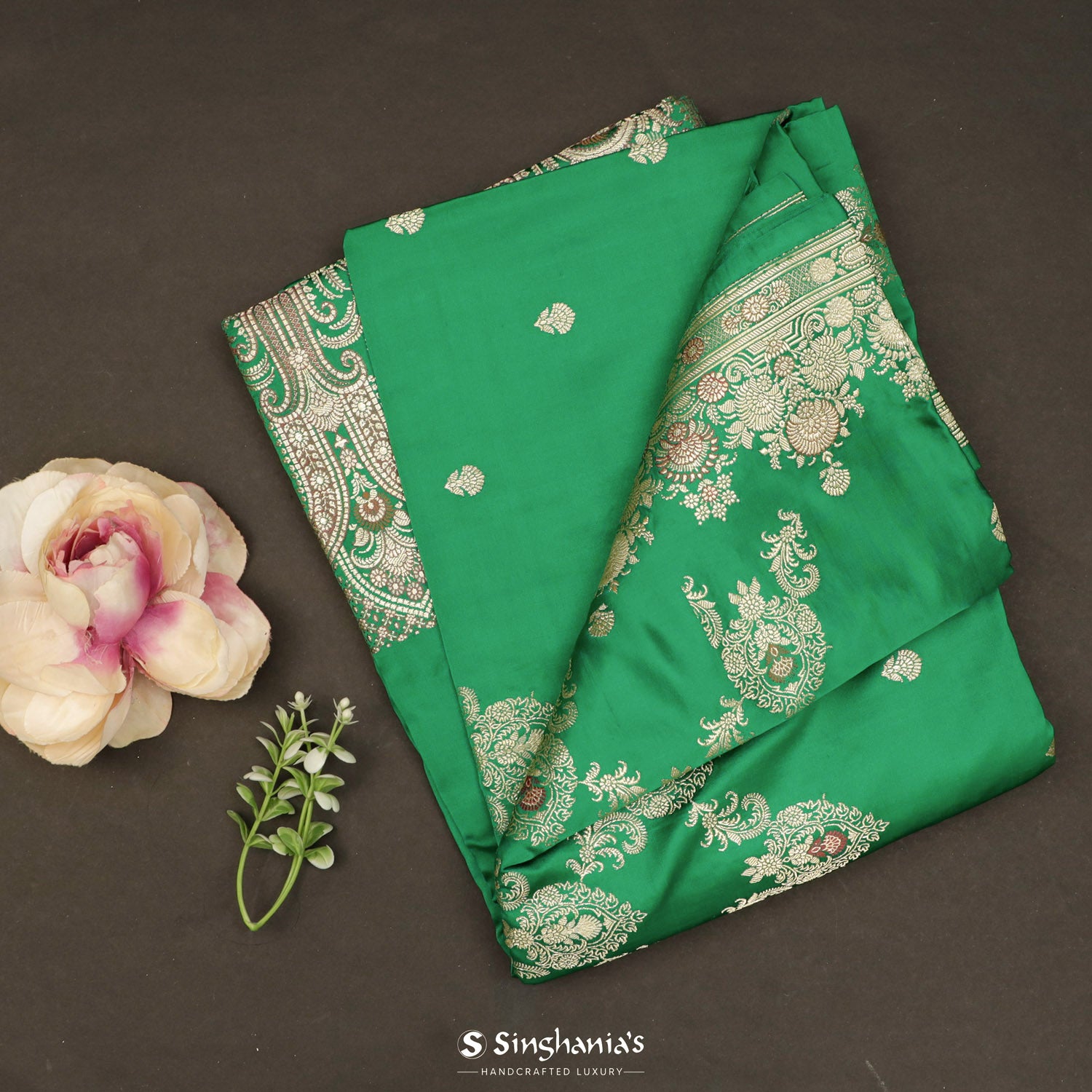 Spring Green Silk Saree With Floral Banarasi Weaving