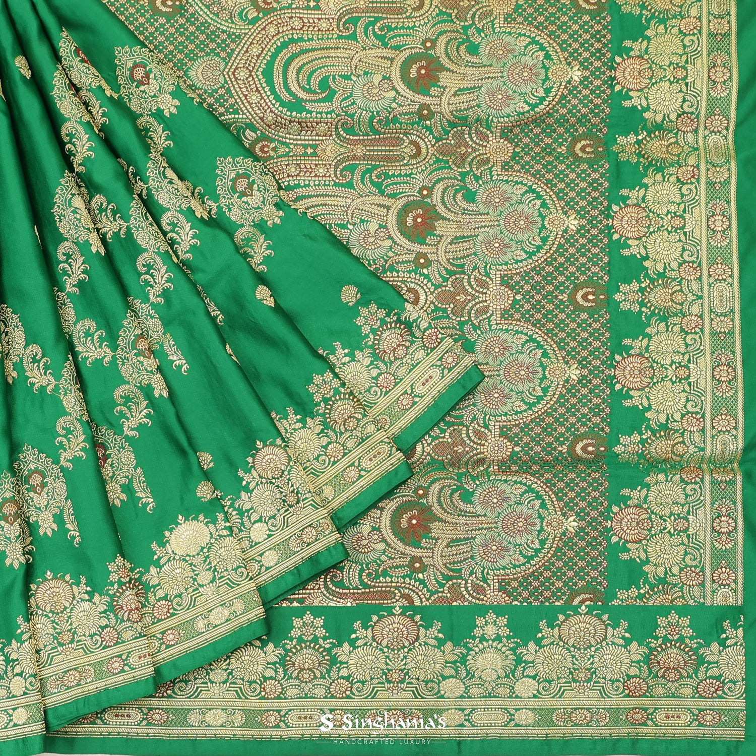 Spring Green Silk Saree With Floral Banarasi Weaving