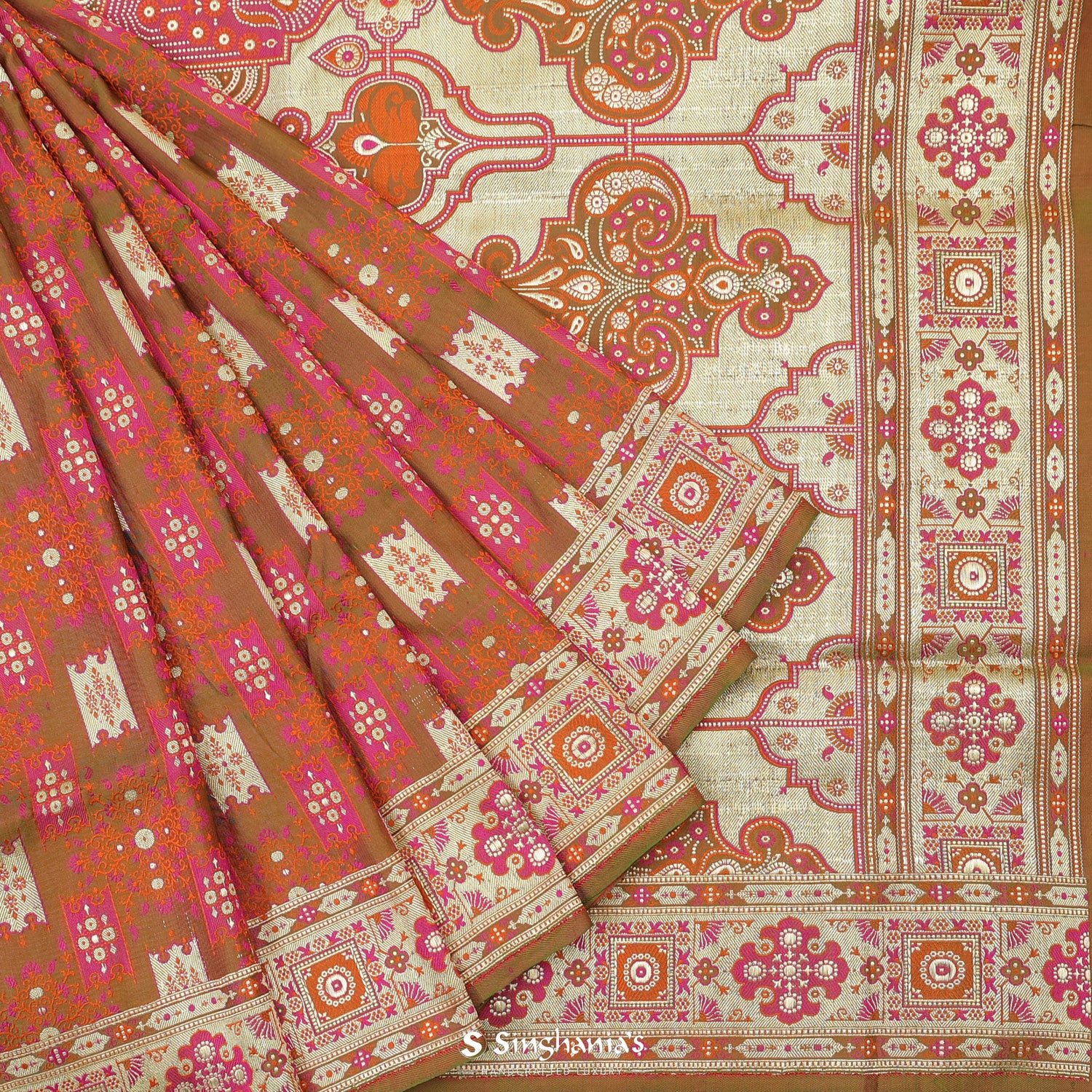 Ash Brown Silk Saree With Banarasi Weaving