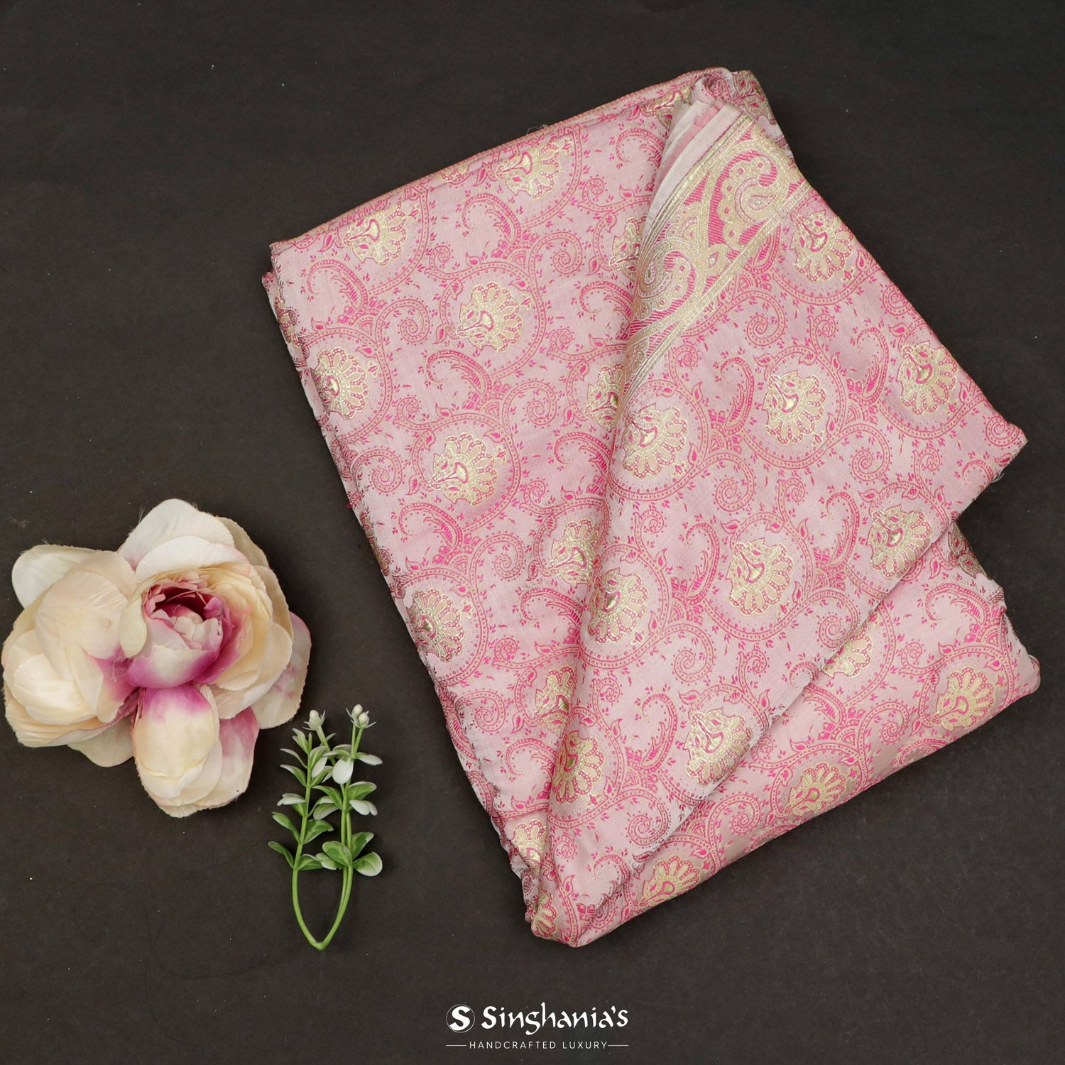 Pastel Pink Silk Saree With Floral Banarasi Weaving