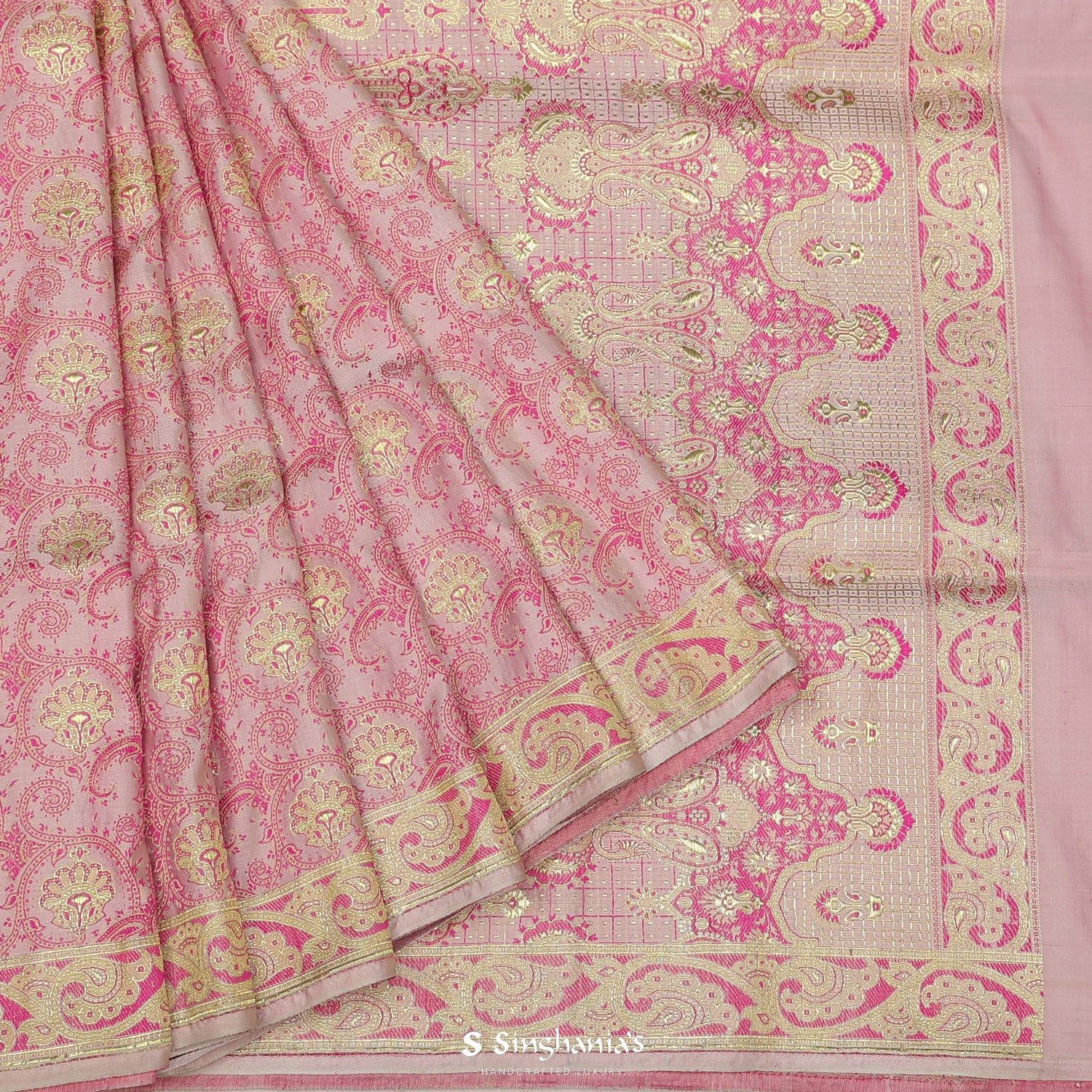 Pastel Pink Silk Saree With Floral Banarasi Weaving