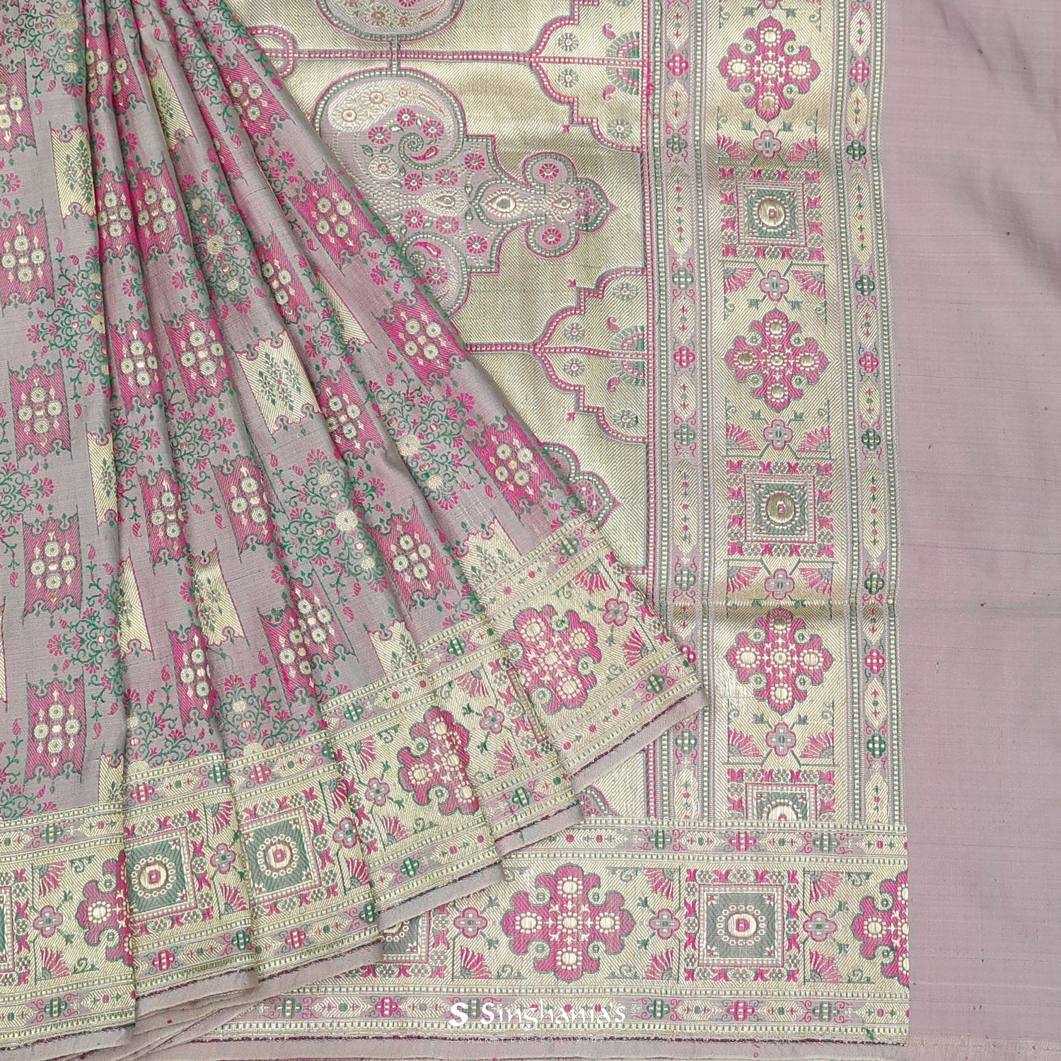 Pale Purple Silk Saree With Floral Banarasi Weaving
