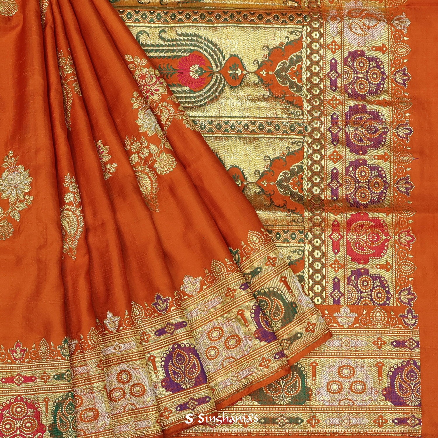 Vivid Orange Silk Saree With Floral Banarasi Weaving