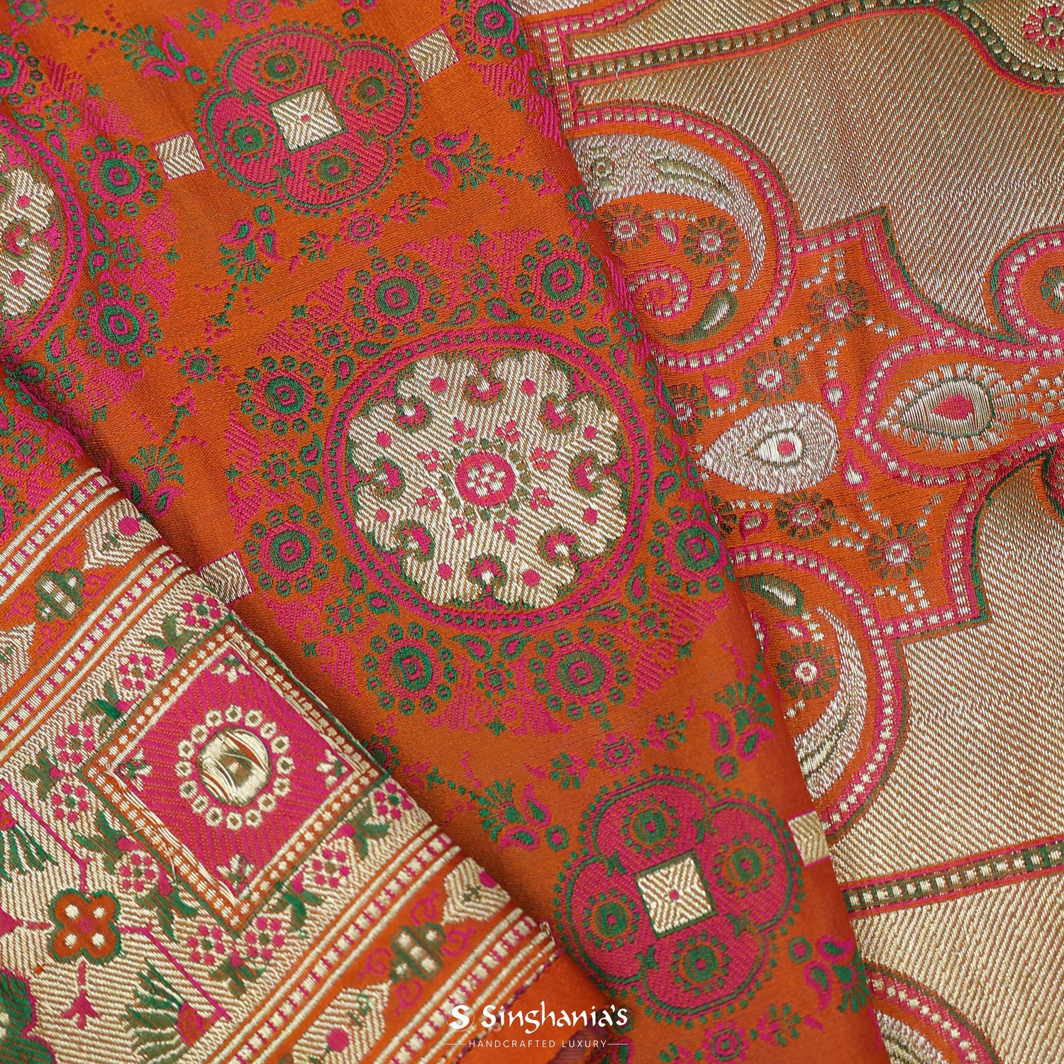 Metallic Orange Silk Saree With Banarasi Weaving