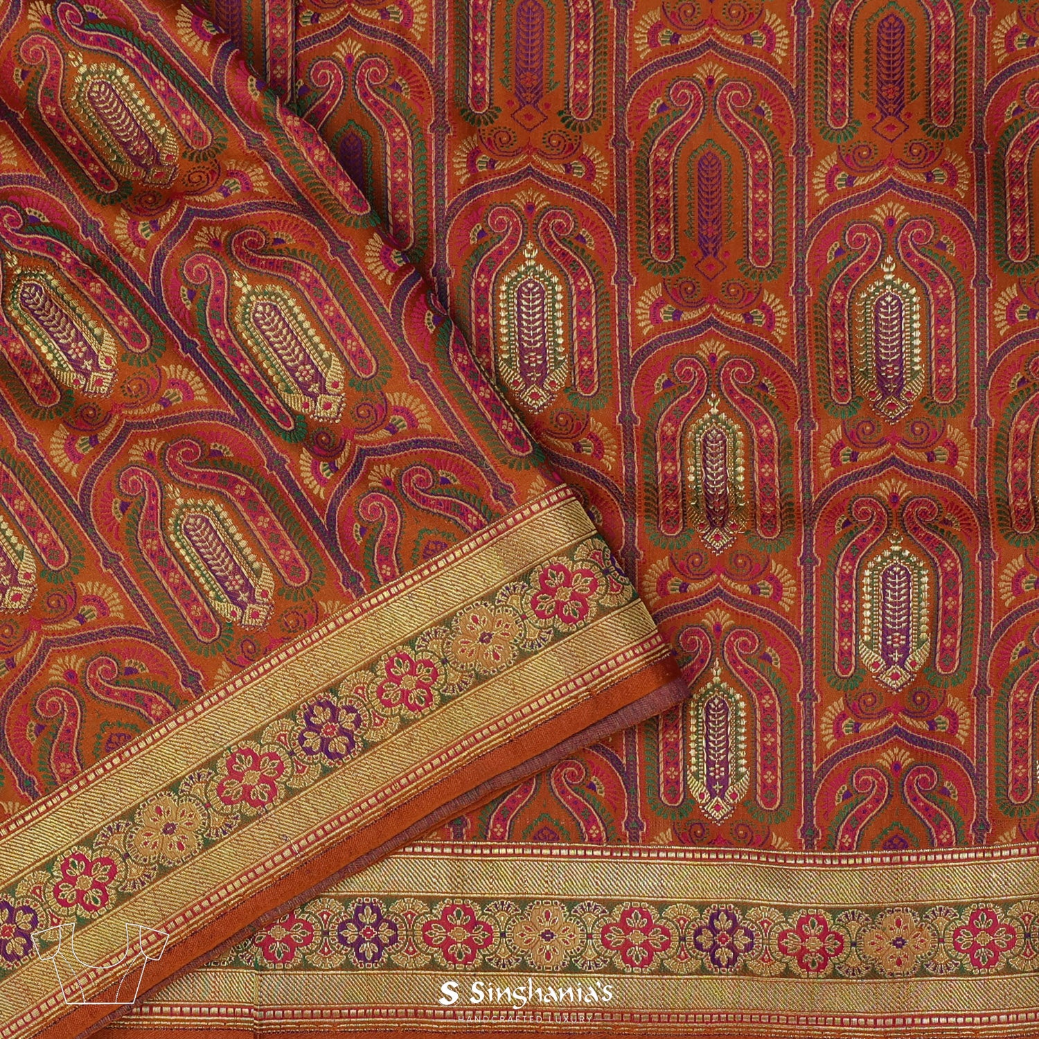 Copper Red Silk Saree With Floral Banarasi Weaving