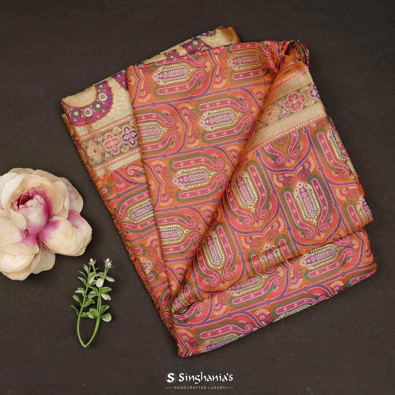 Copper Red Silk Saree With Floral Banarasi Weaving