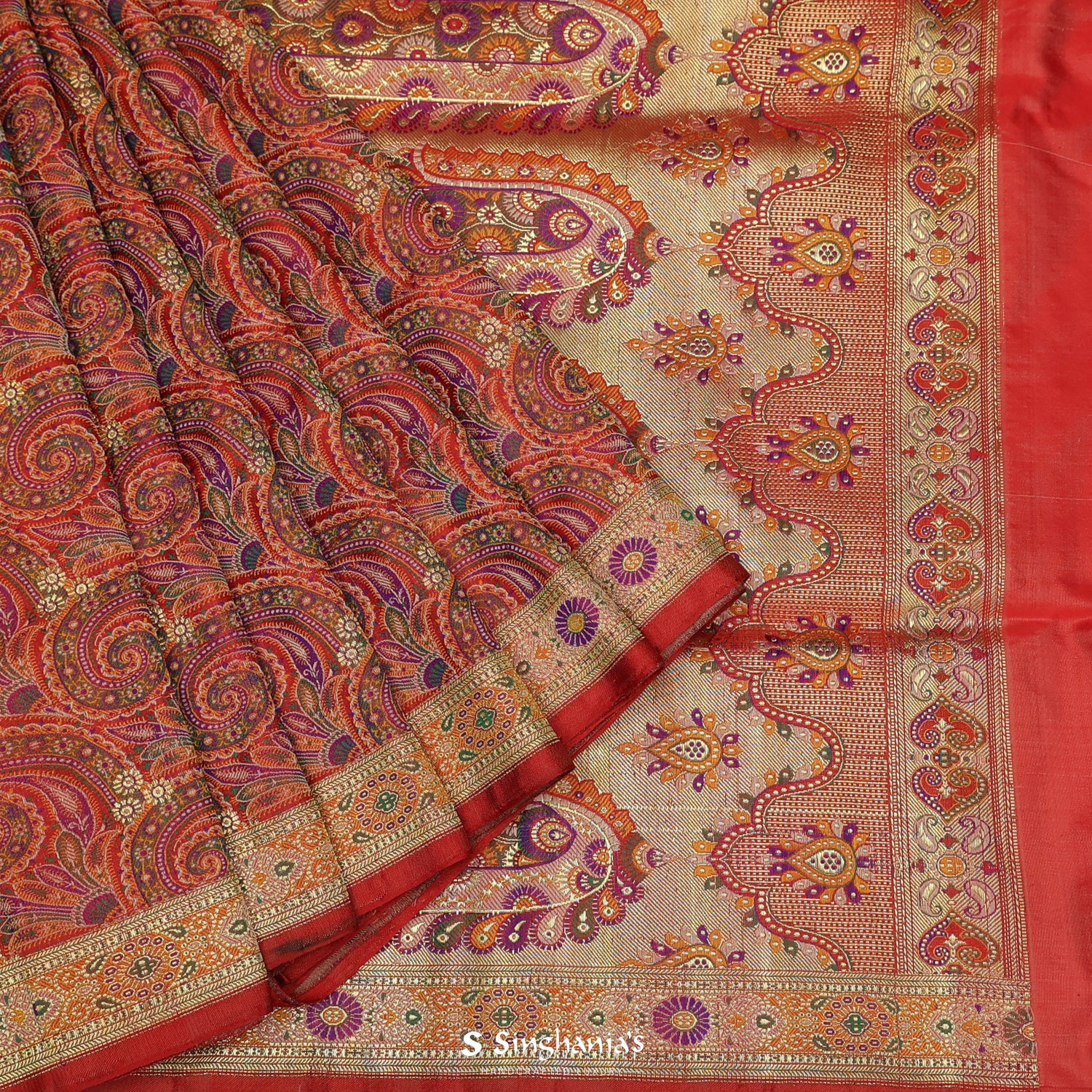 Persian Red Silk Saree With Floral Banarasi Weaving