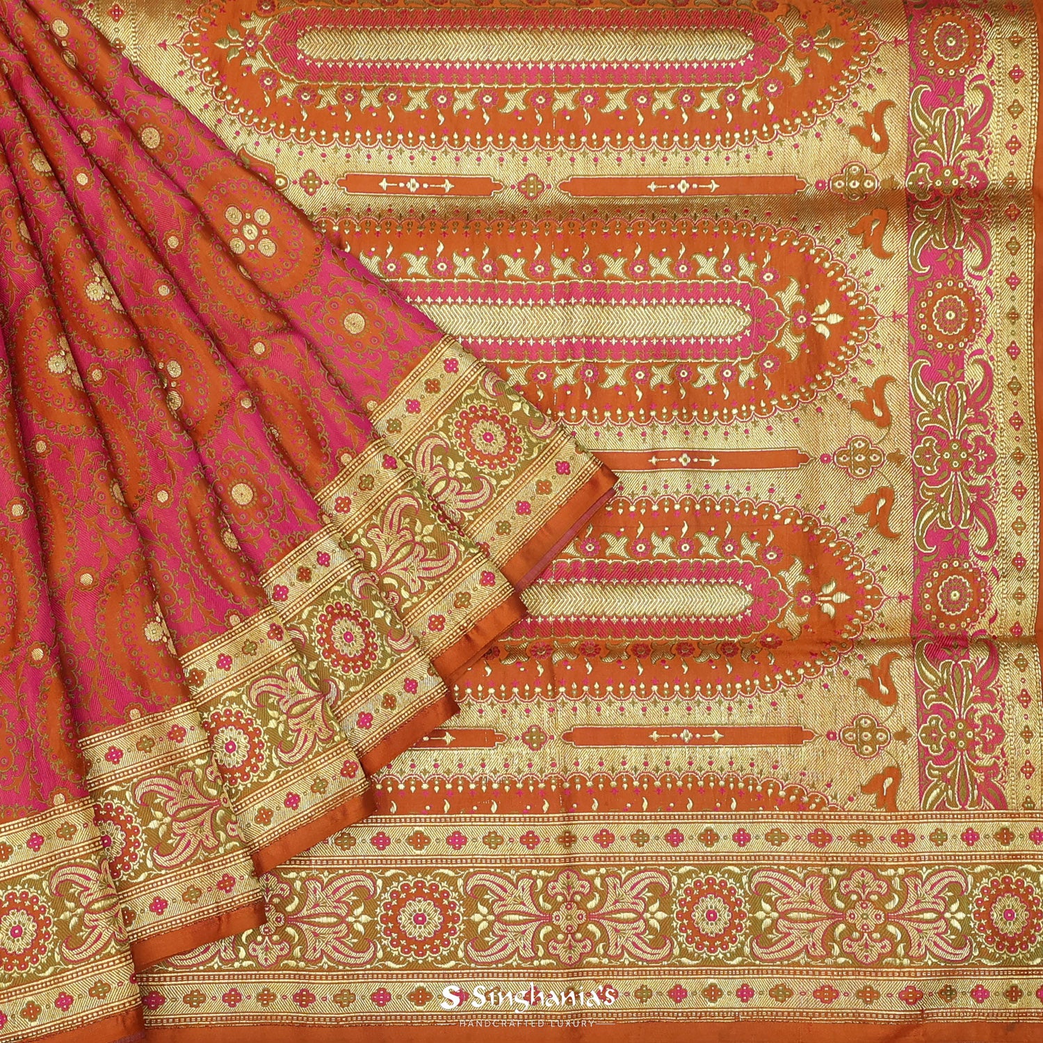 Coral Orange Silk Saree With Floral Banarasi Weaving