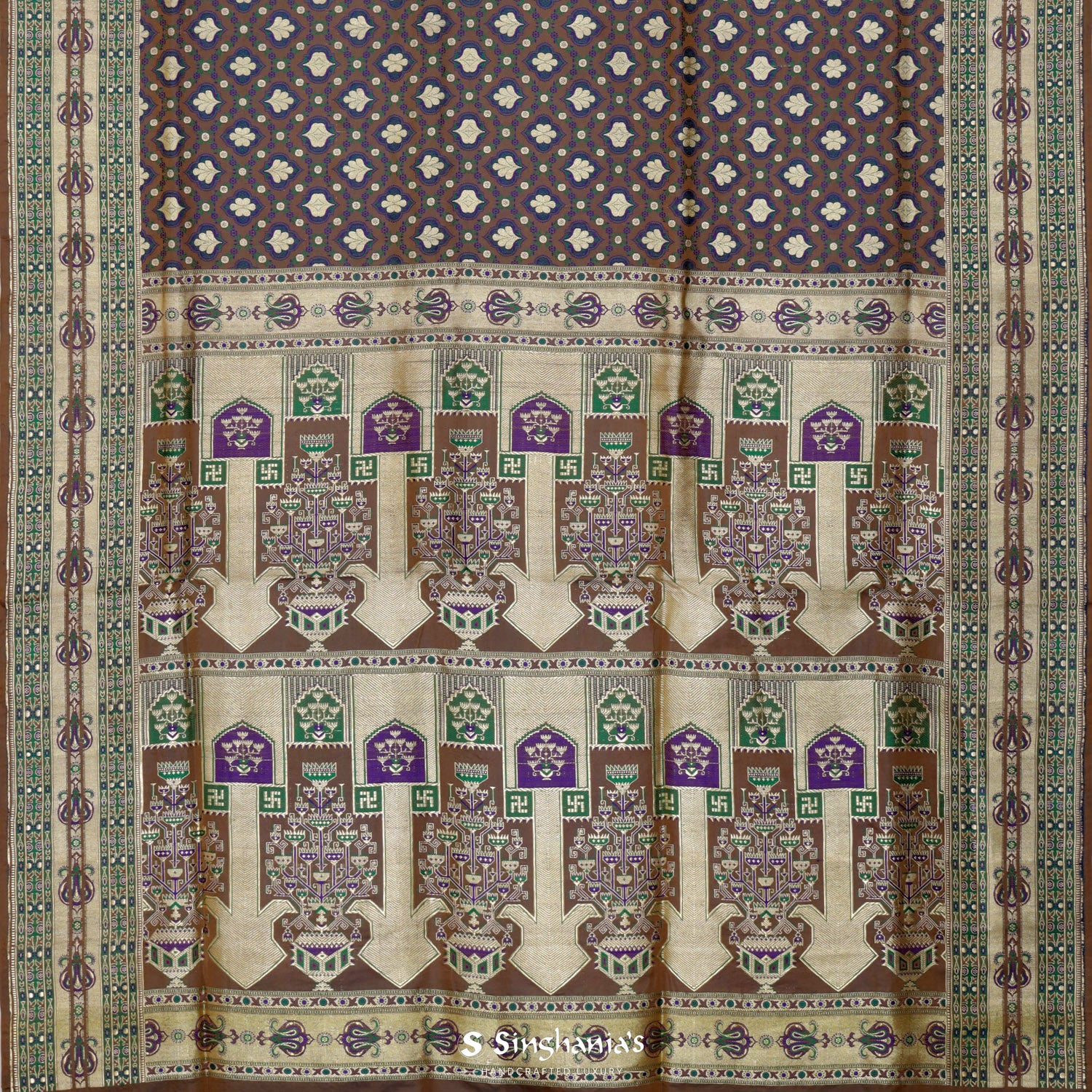 Grayish-Brown Silk Saree With Floral Banarasi Weaving