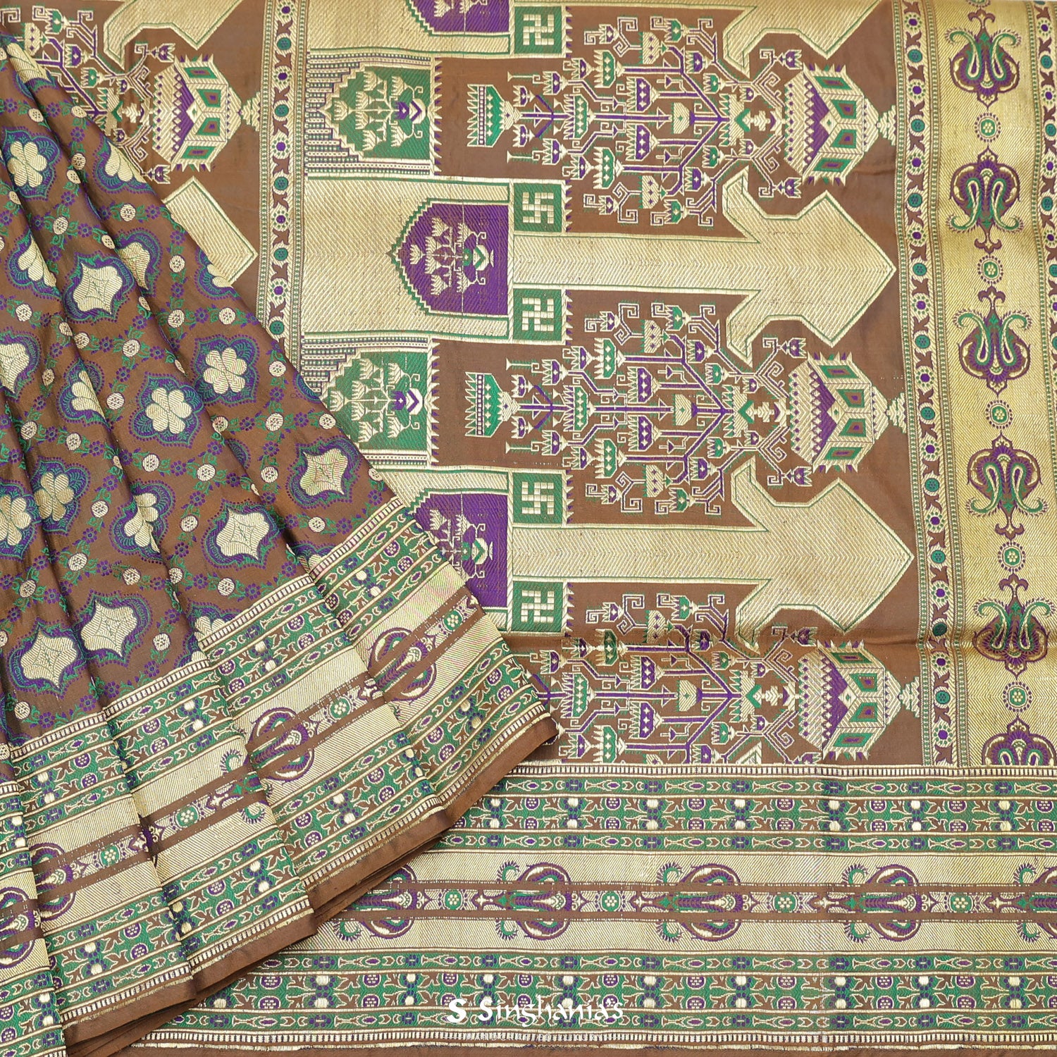 Grayish-Brown Silk Saree With Floral Banarasi Weaving
