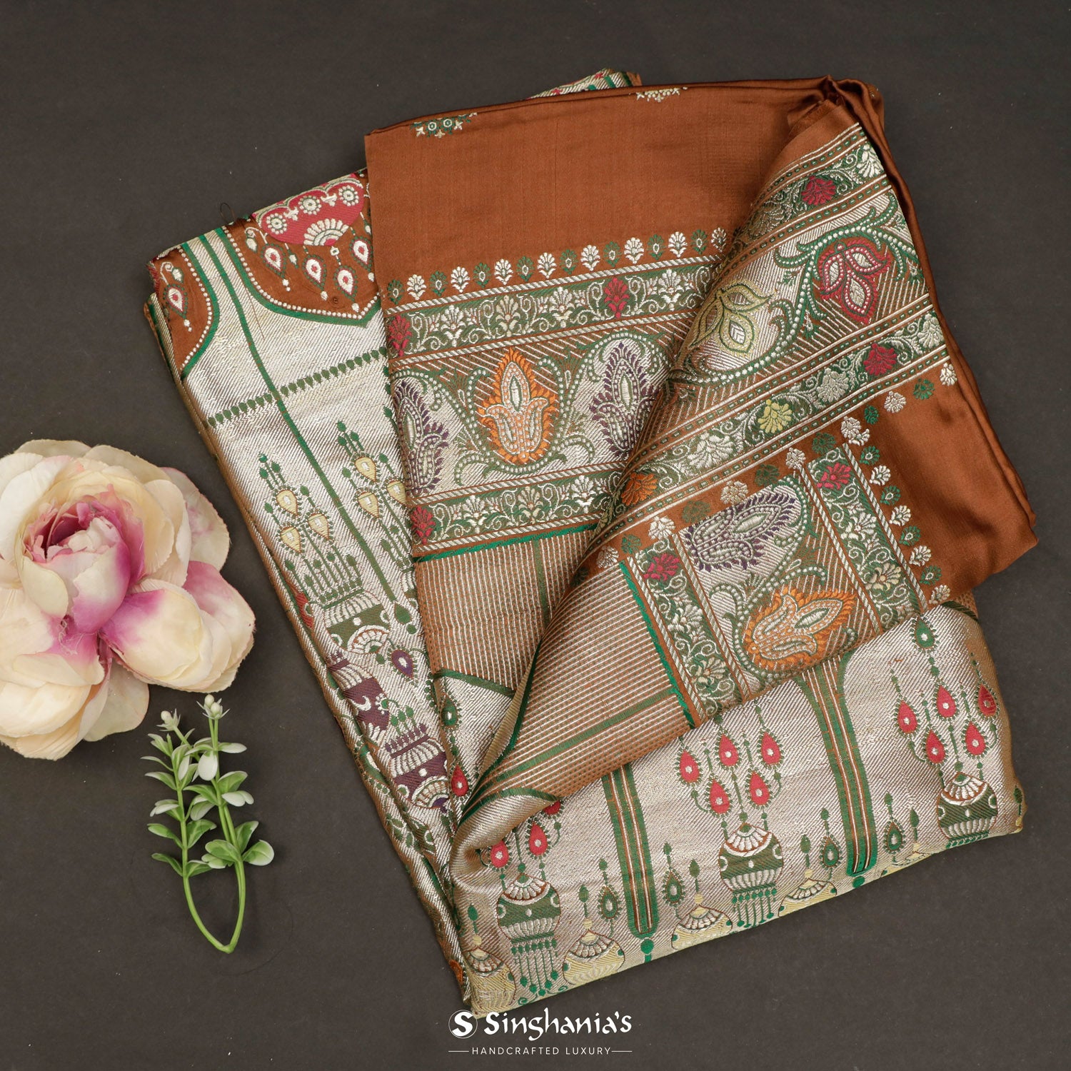 Sienna Brown Silk Saree With Floral Banarasi Weaving