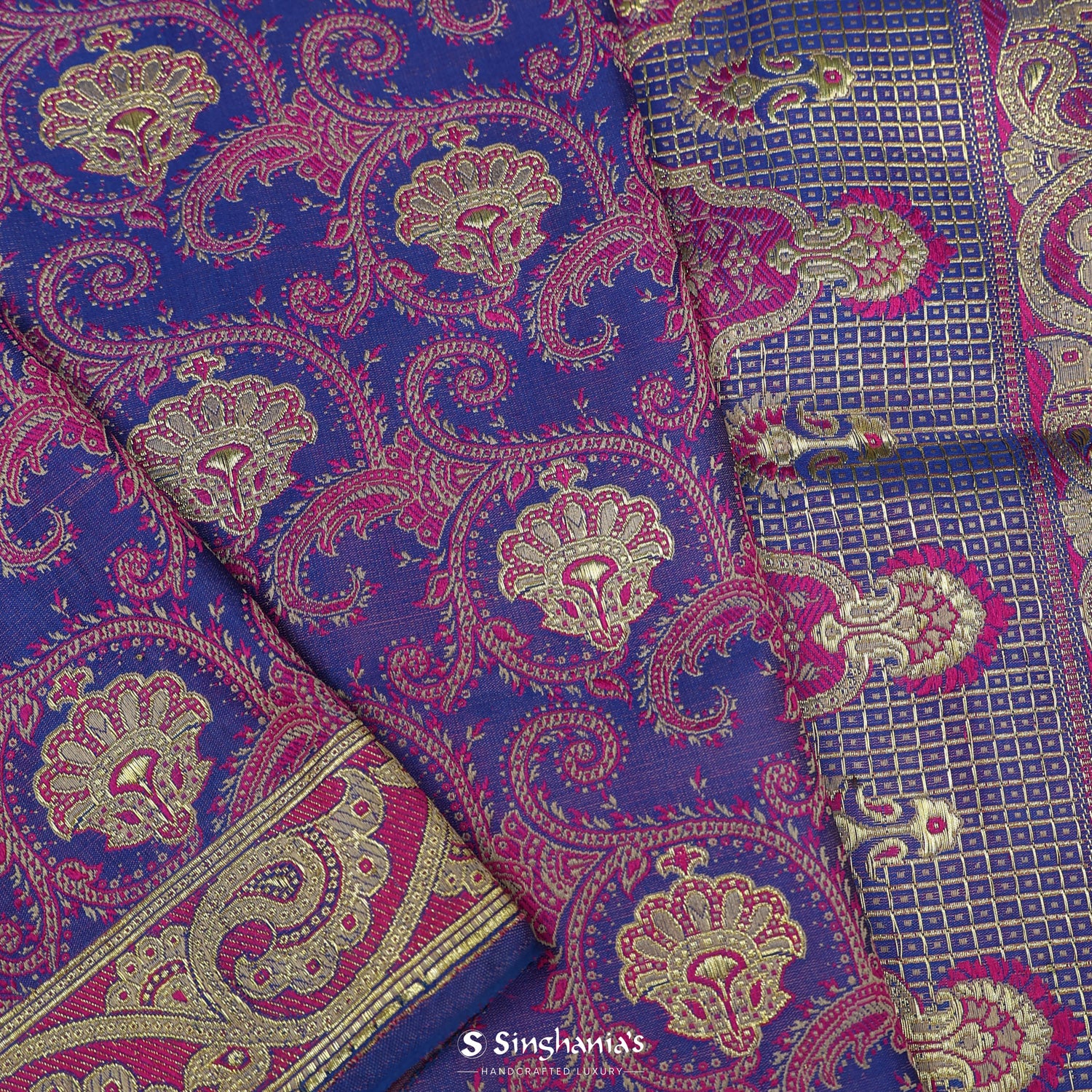Iris Blue Silk Saree With Floral Banarasi Weaving