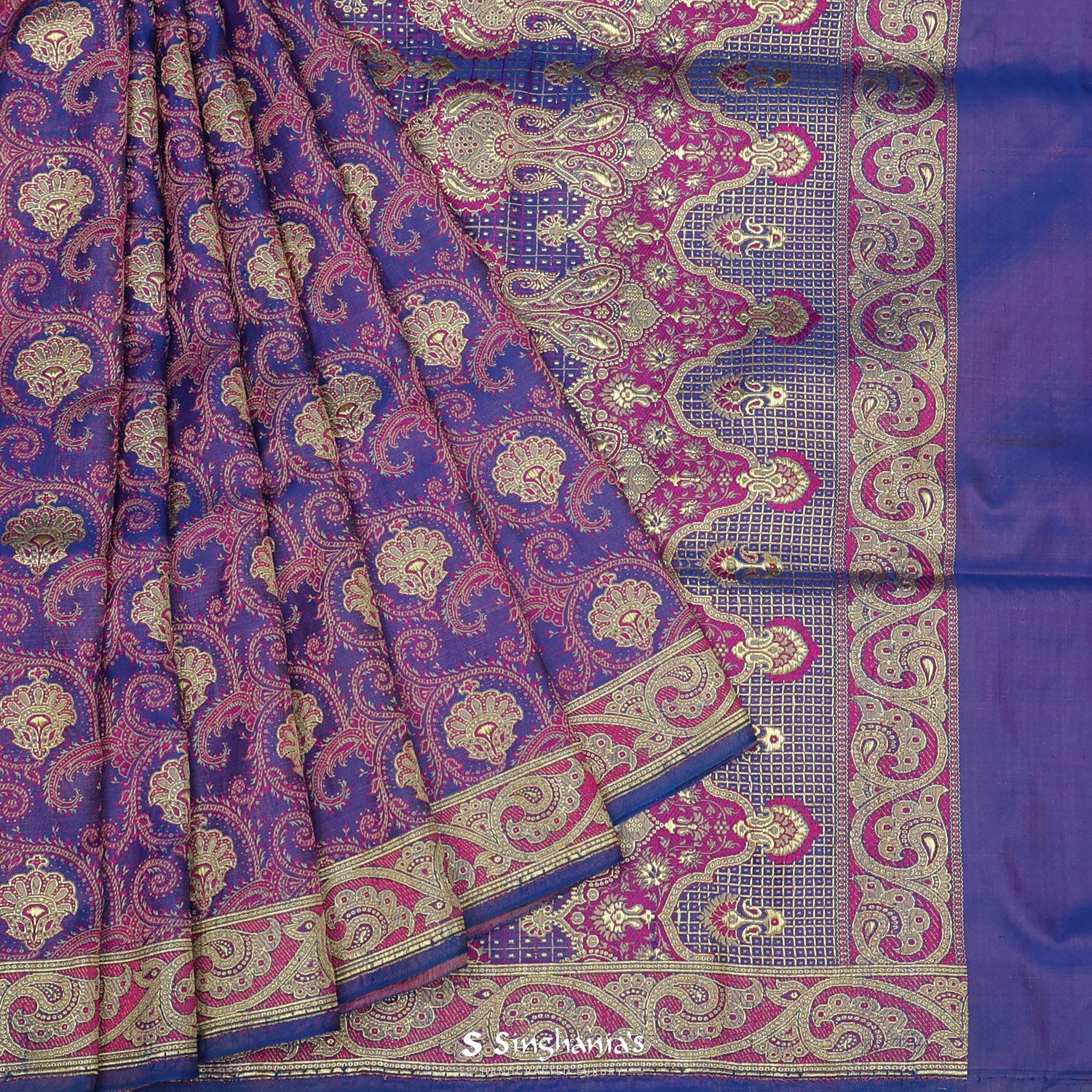 Iris Blue Silk Saree With Floral Banarasi Weaving