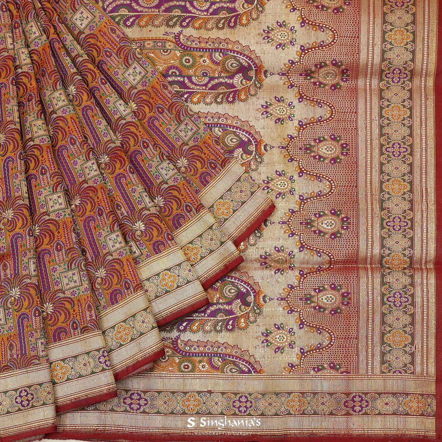 Yellow-Orange Silk Saree With Banarasi Weaving