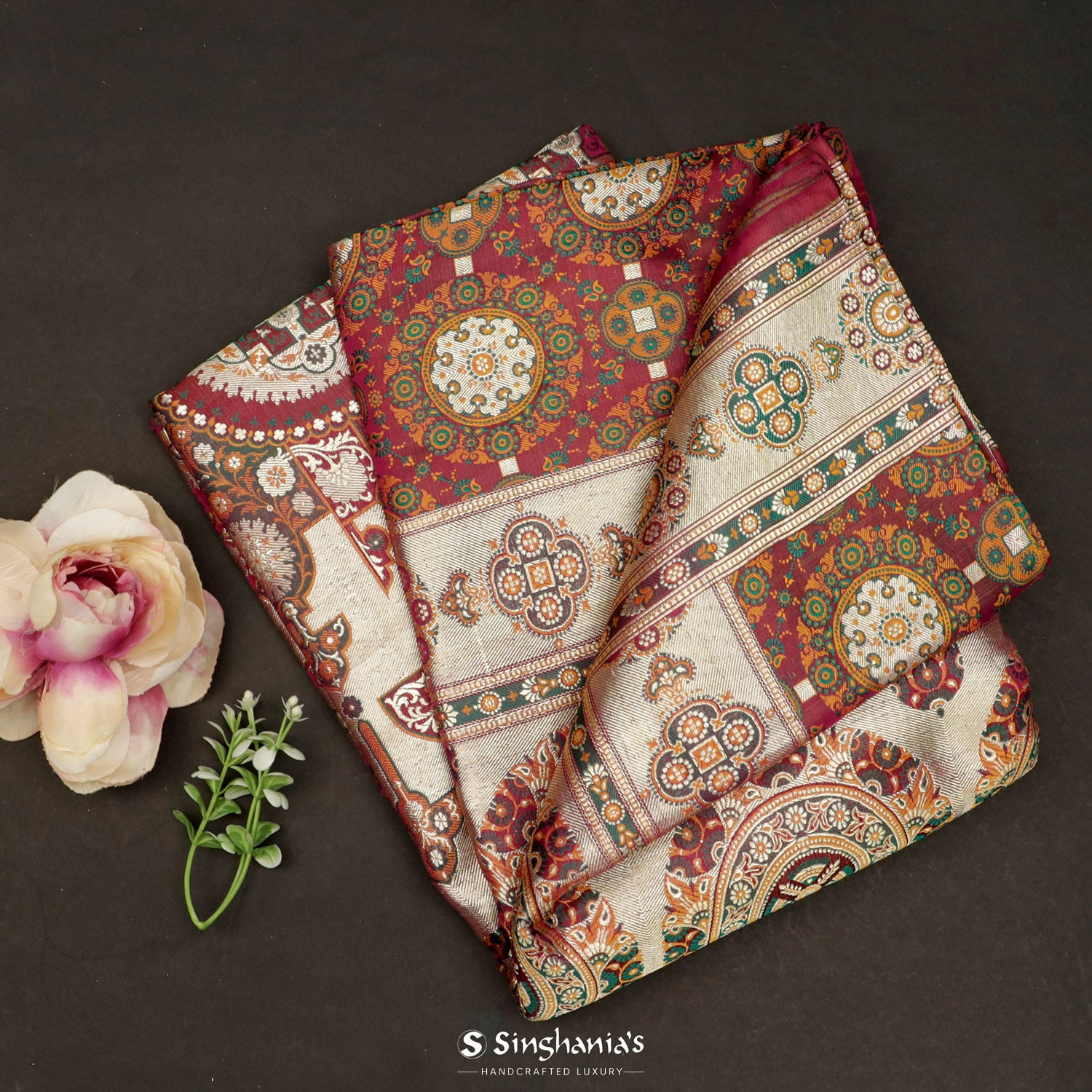 Raspberry Rose Silk Saree With Floral Banarasi Weaving