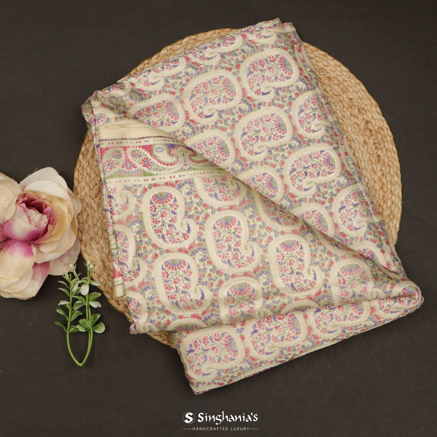 Autumn Cream Silk Saree With Banarasi Weaving In Paisley Pattern