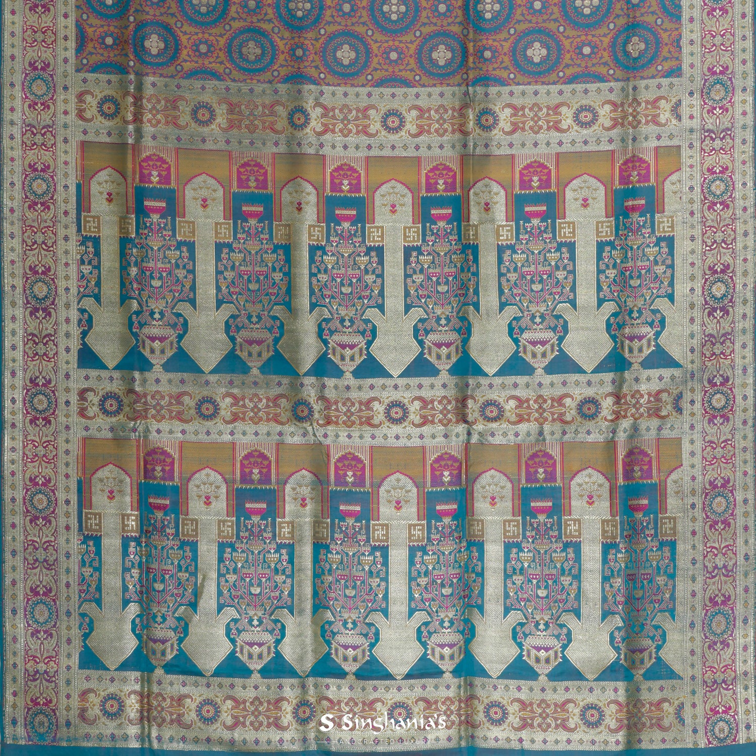 Blue-Green Banarasi Silk Saree With Meenakari Floral Pattern