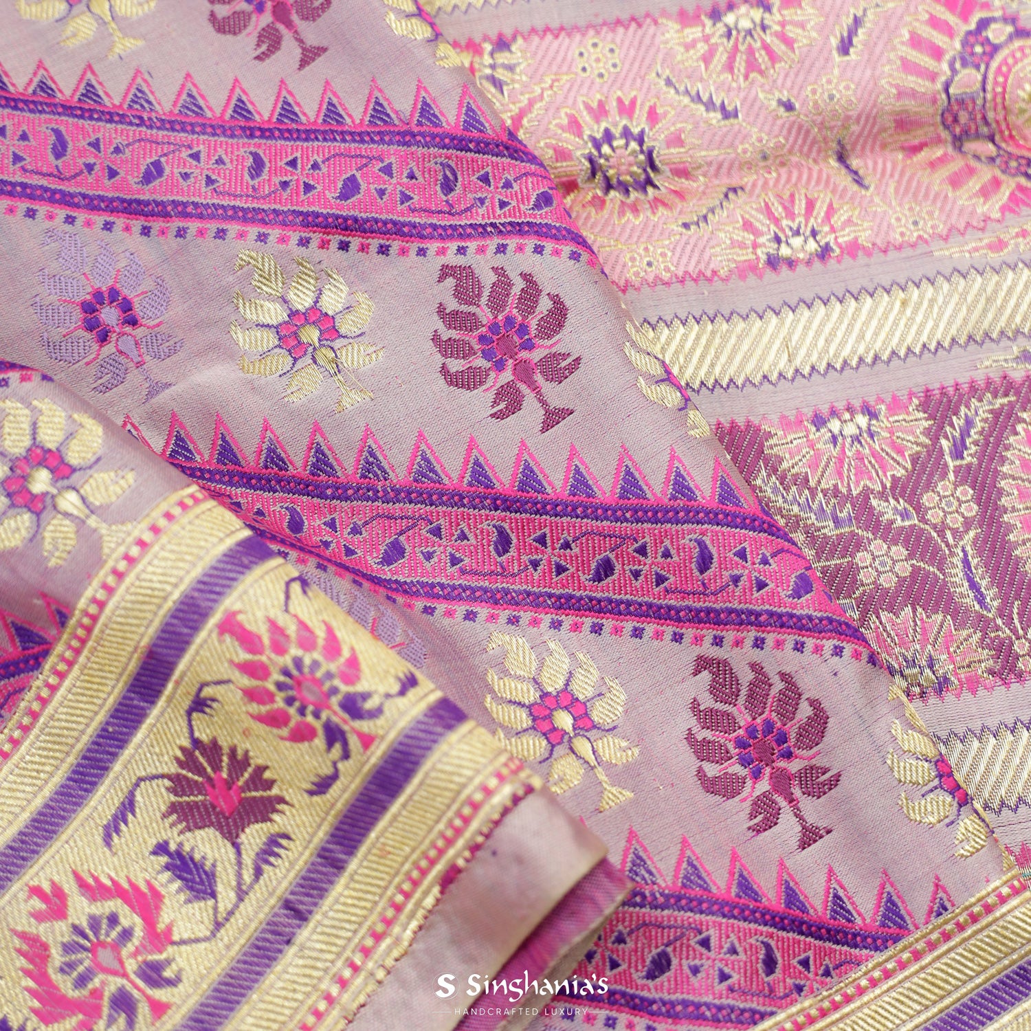 Pastel Purple Banarasi Silk Saree With Stripes Pattern