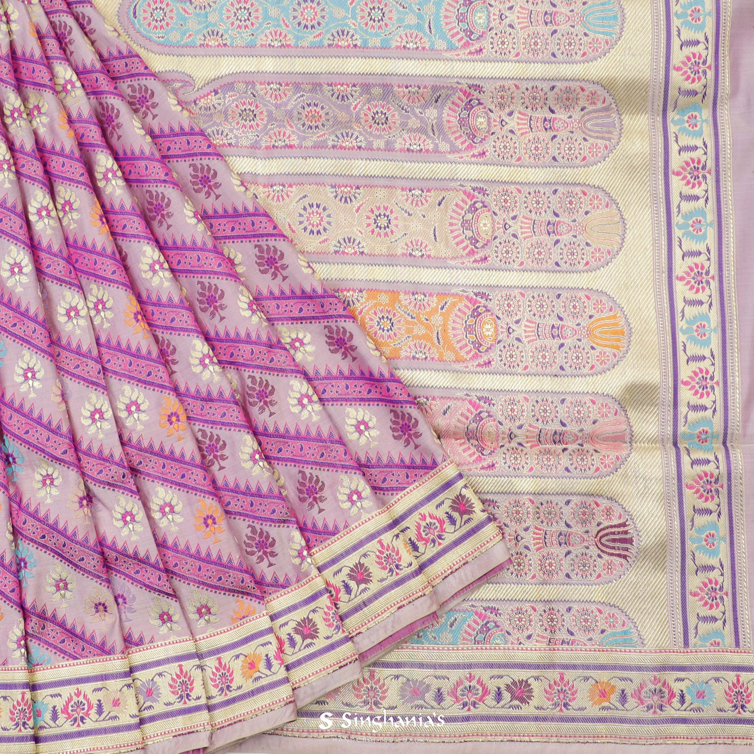 Pastel Purple Banarasi Silk Saree With Stripes Pattern