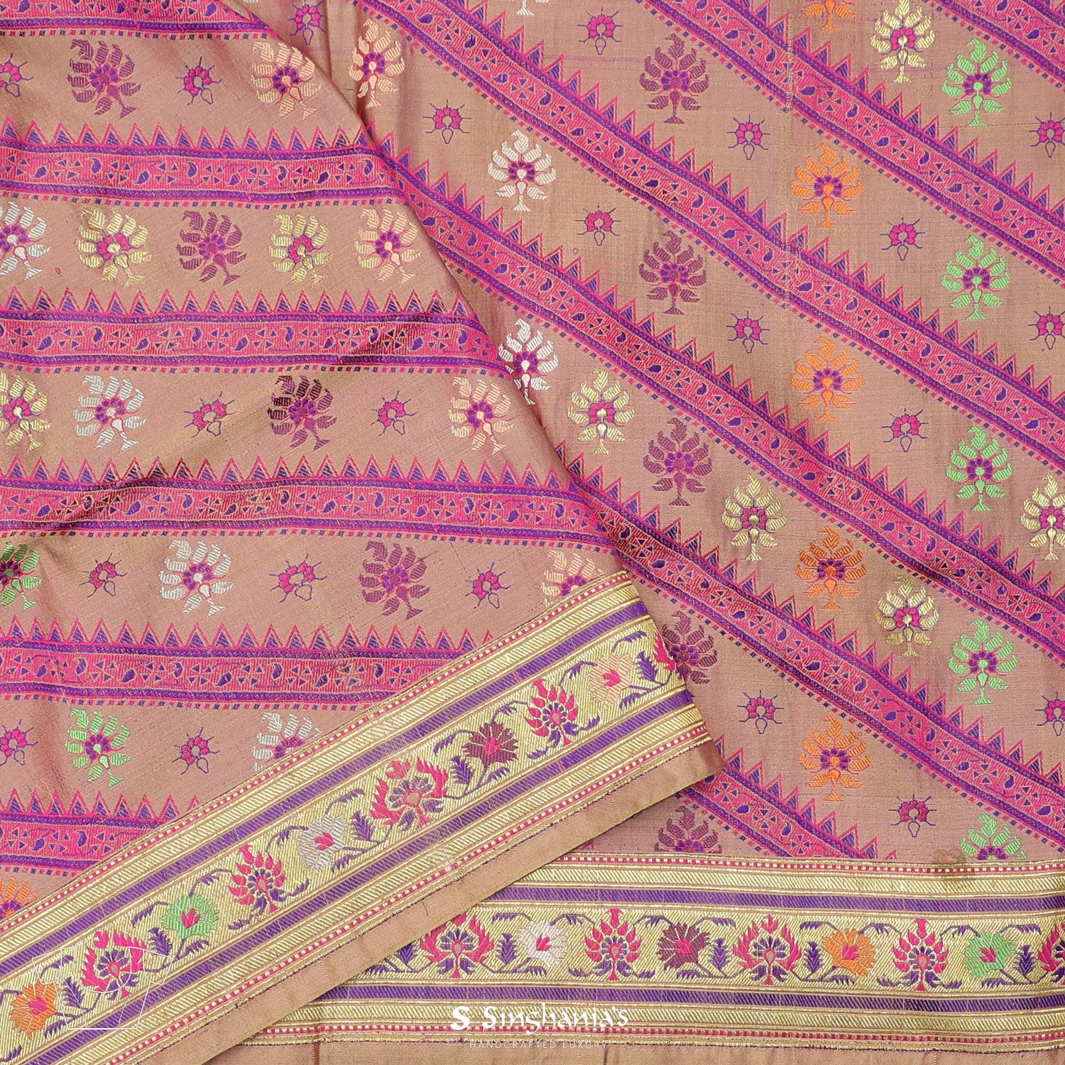 Gold Pink Silk Saree With Banarasi Weaving
