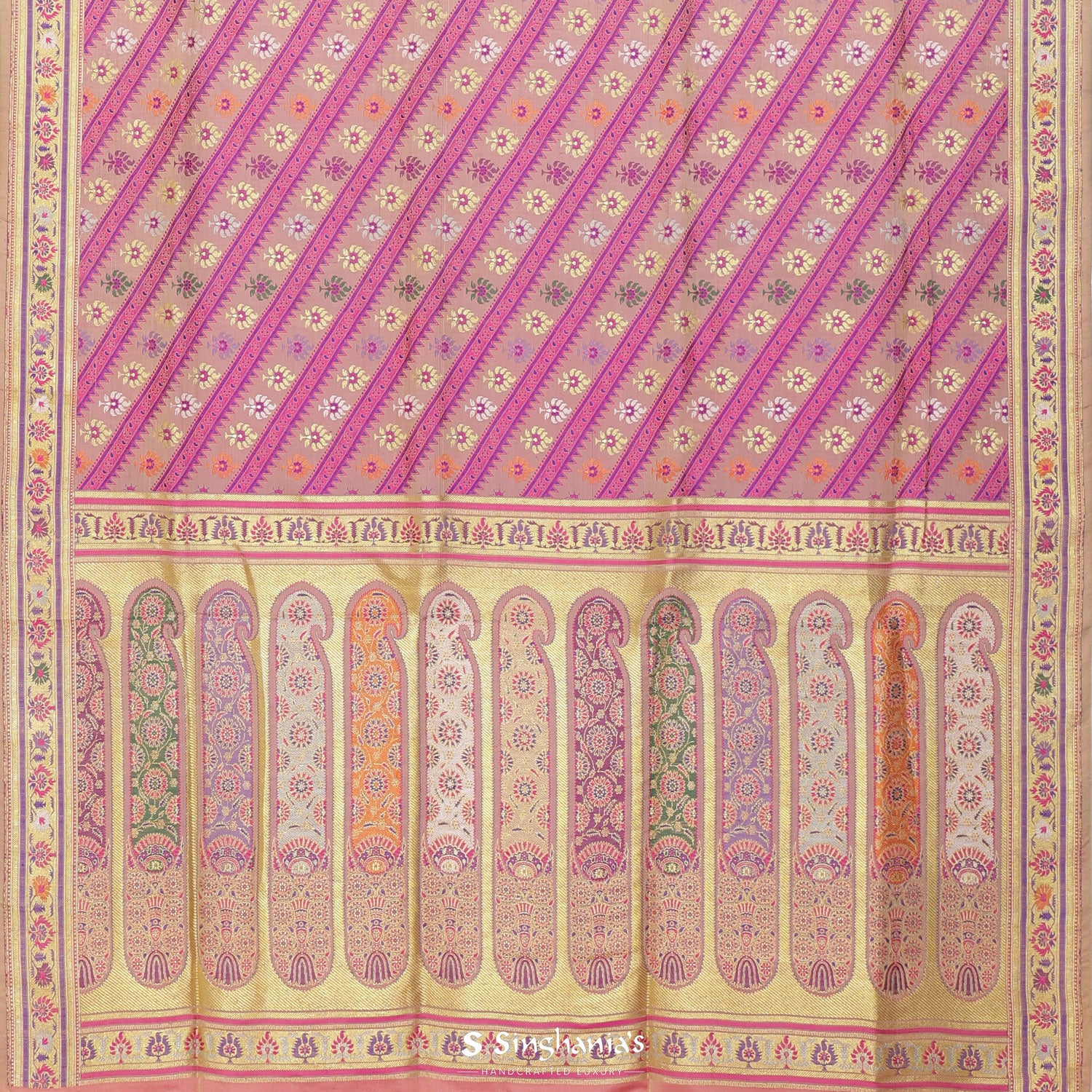 Gold Pink Silk Saree With Banarasi Weaving