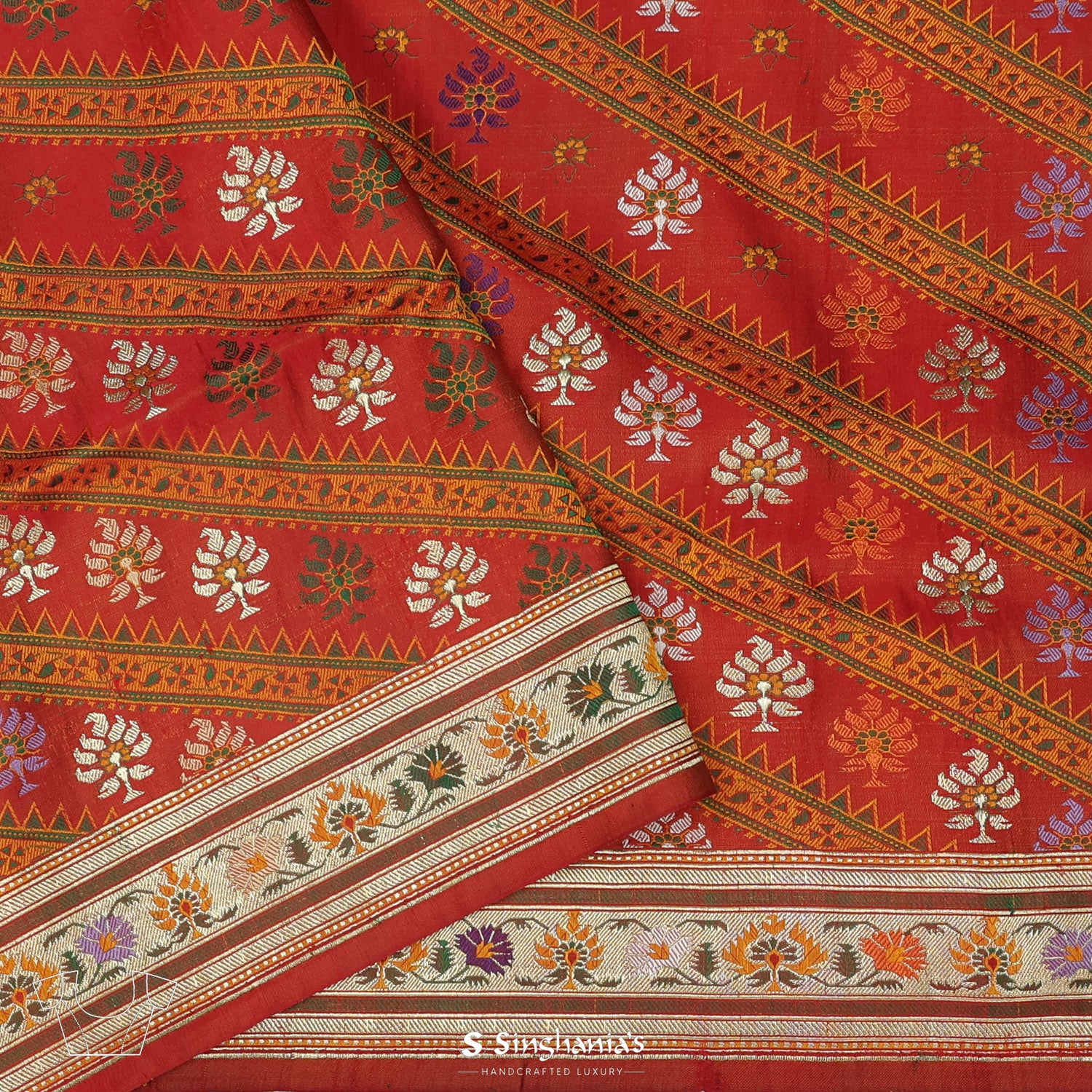 Persian Red Silk Saree With Floral Banarasi Weaving