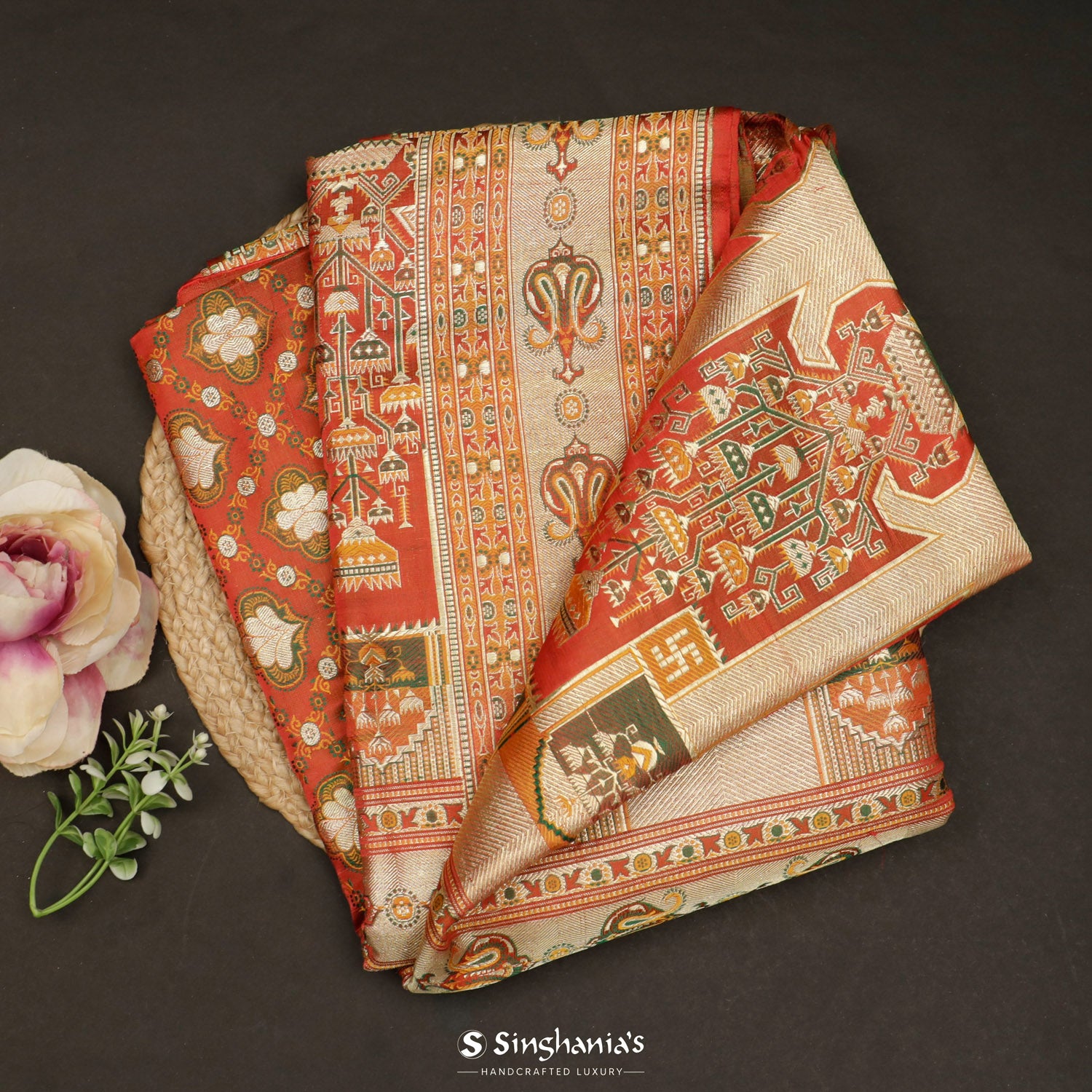 Red Orange Silk Saree With Floral Banarasi Weaving