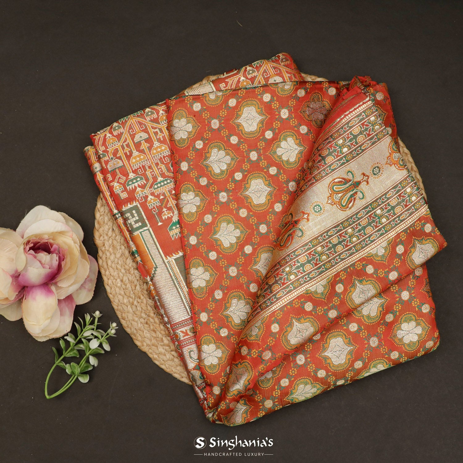 Cinnabar Red Silk Saree With Banarasi Weaving