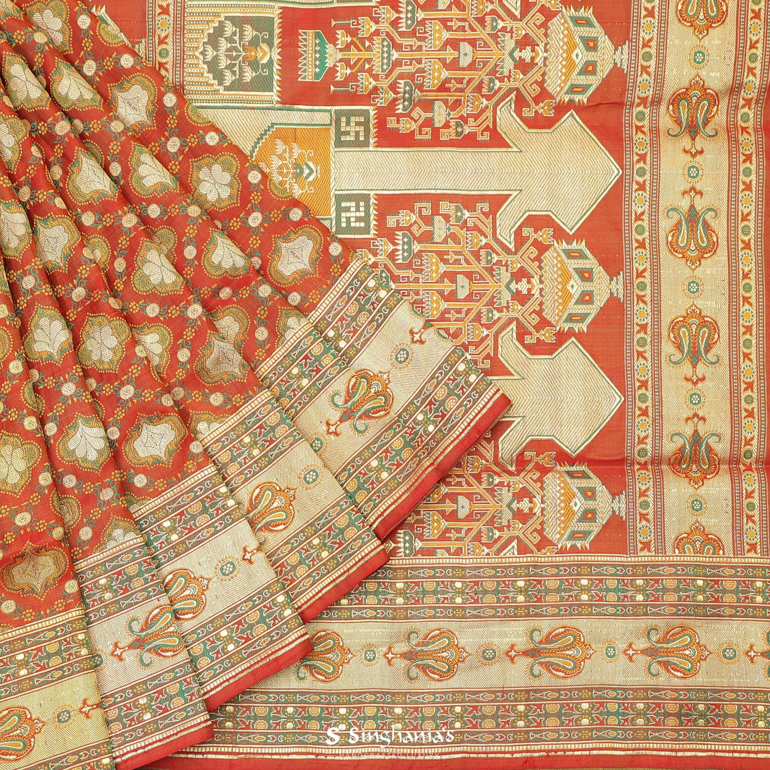 Cinnabar Red Silk Saree With Banarasi Weaving