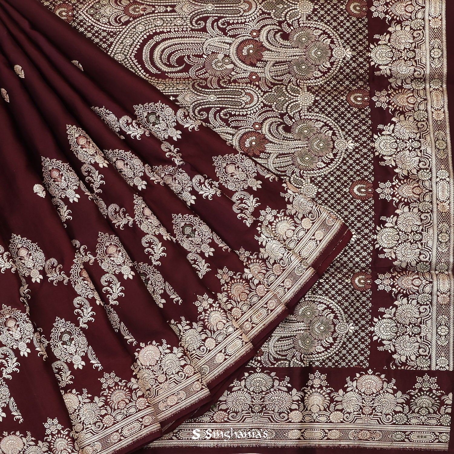 Mahogany Silk Saree With Banarasi Weaving