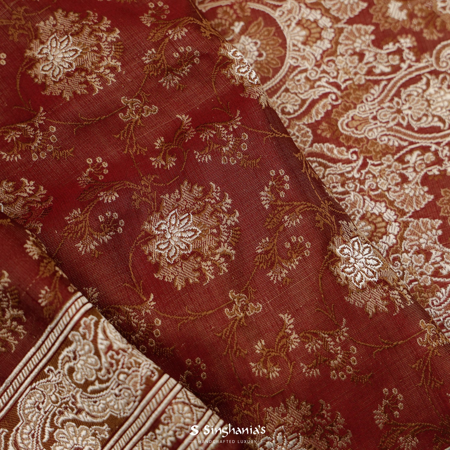 Auburn Red Silk Saree With Banarasi Weaving