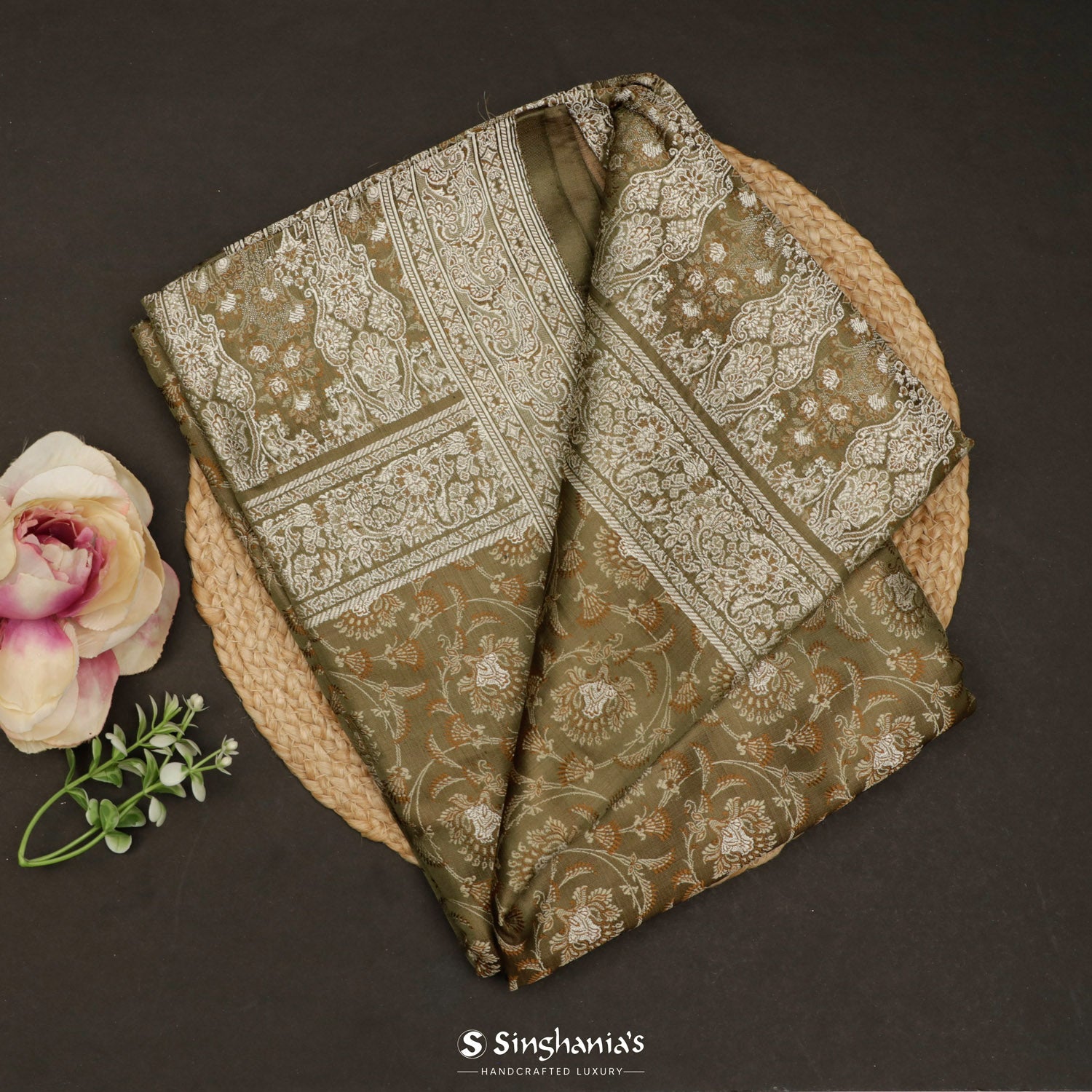 Dark Beige Silk Saree With Floral Banarasi Weaving