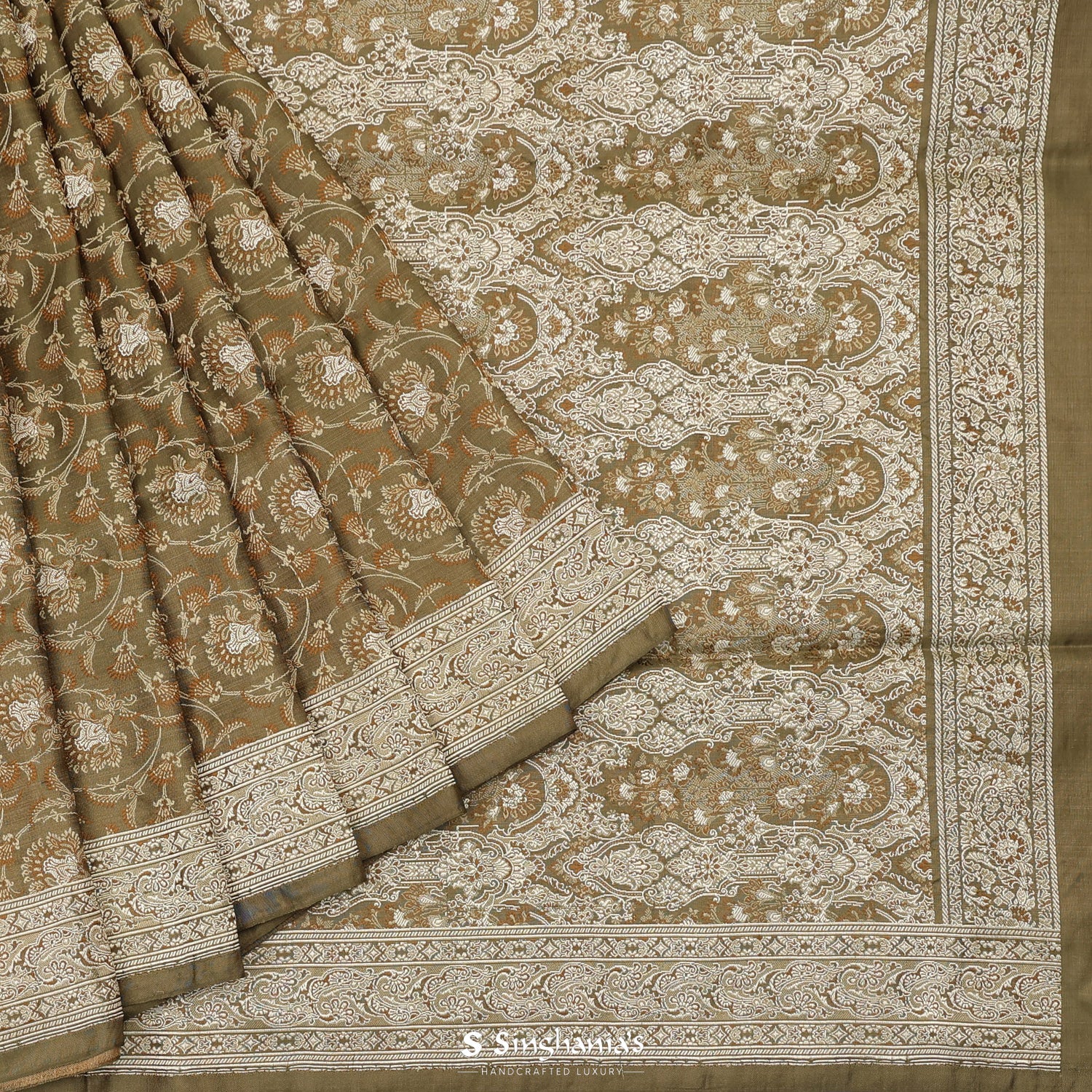 Dark Beige Silk Saree With Floral Banarasi Weaving