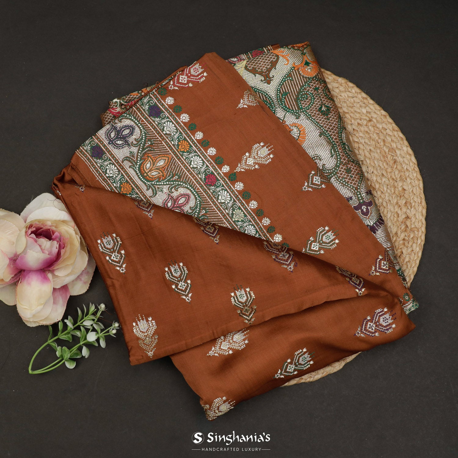 Hawaiian Brown Silk Saree With Banarasi Weaving