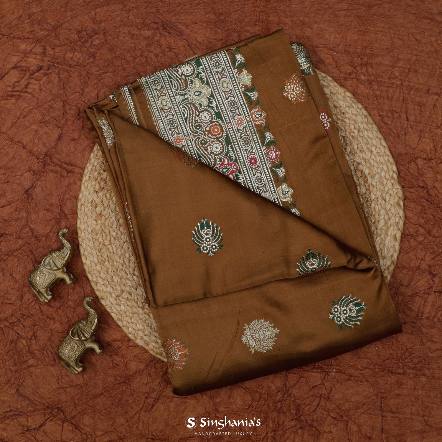 Hawaiian Brown Banarasi Silk Saree With Meenakari Floral Buttis Pattern