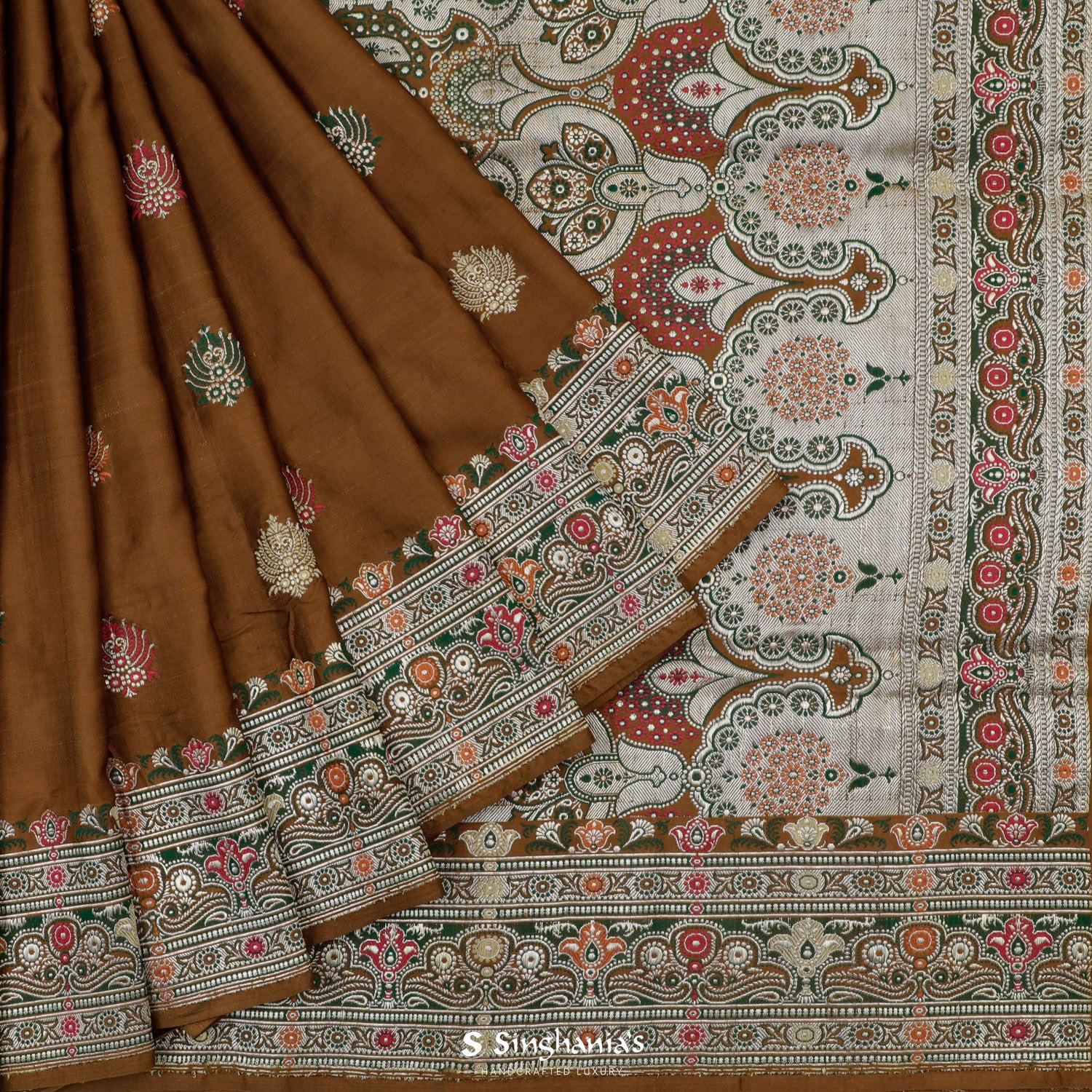 Hawaiian Brown Banarasi Silk Saree With Meenakari Floral Buttis Pattern