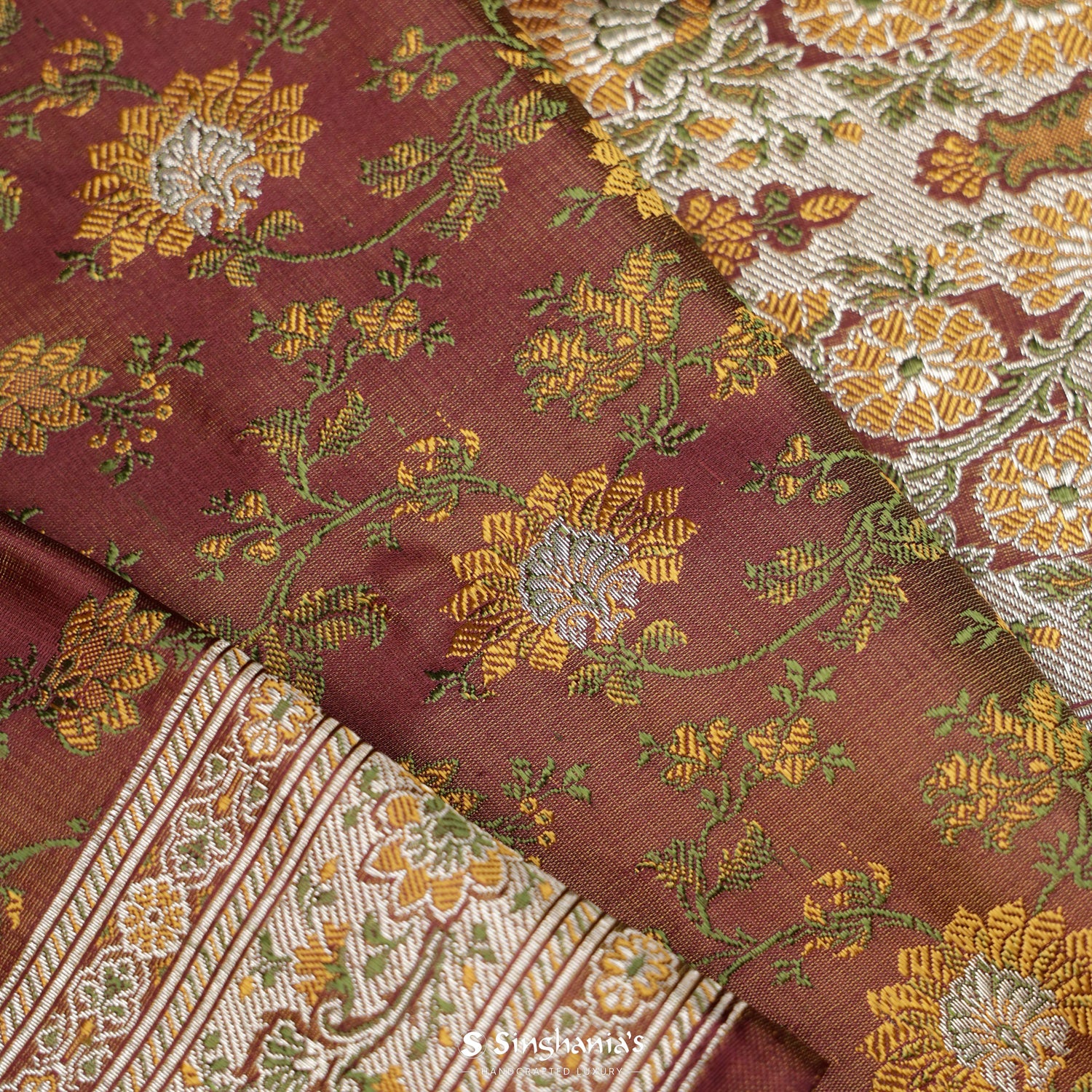 Chocolate Brown Banarasi Silk Saree With Floral Jaal Pattern