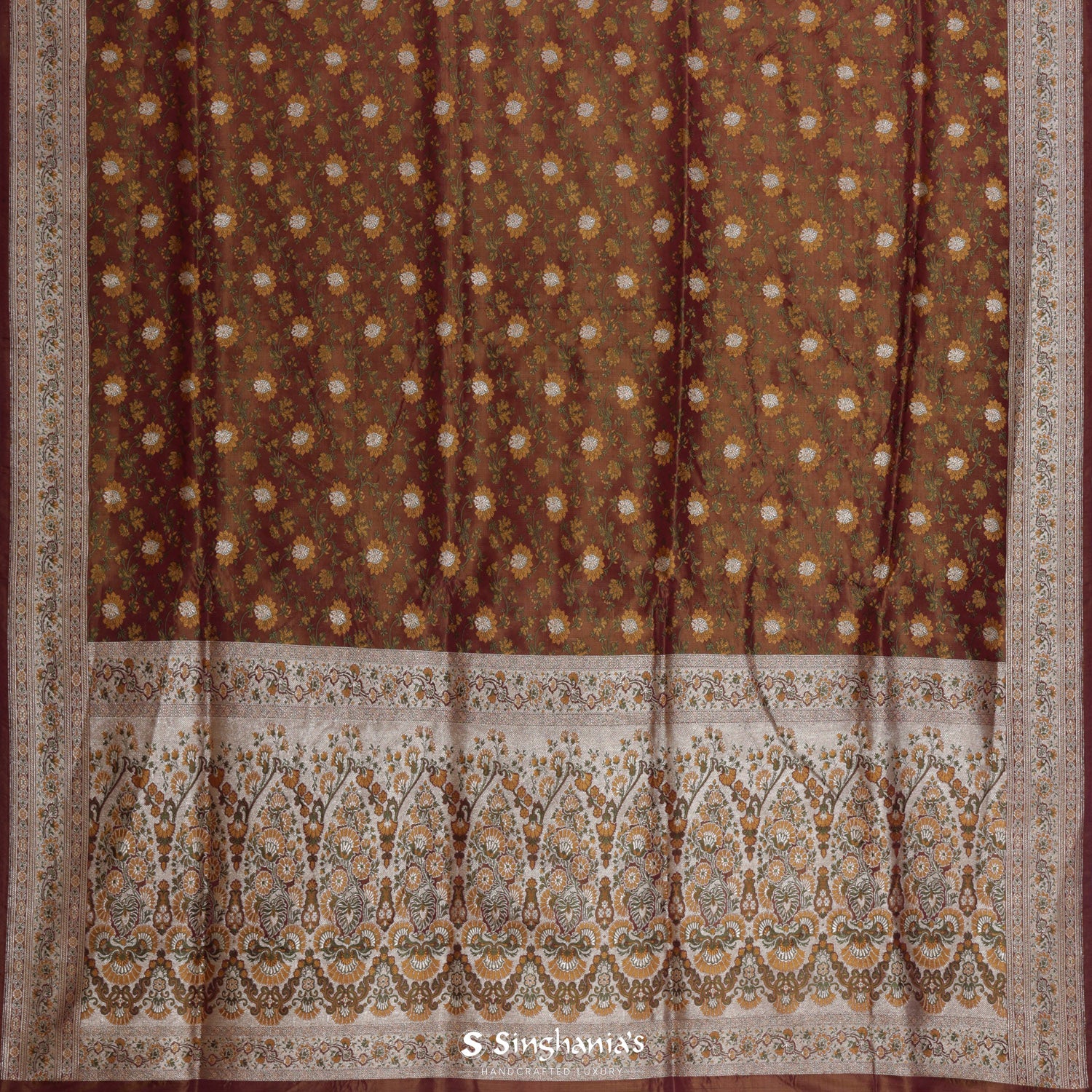 Chocolate Brown Banarasi Silk Saree With Floral Jaal Pattern