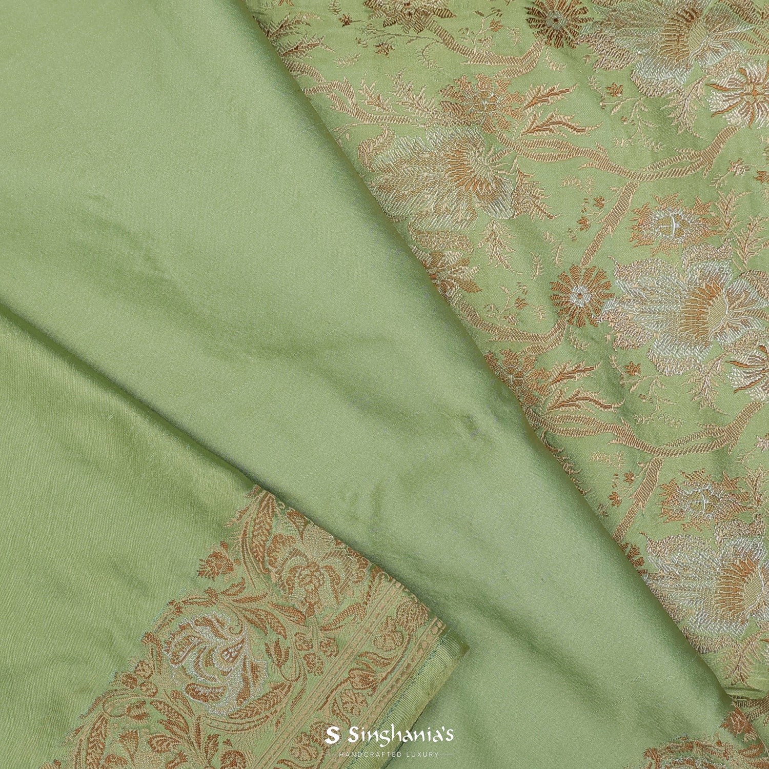 Celadon Green Plain Silk Saree With Banarasi Weaving